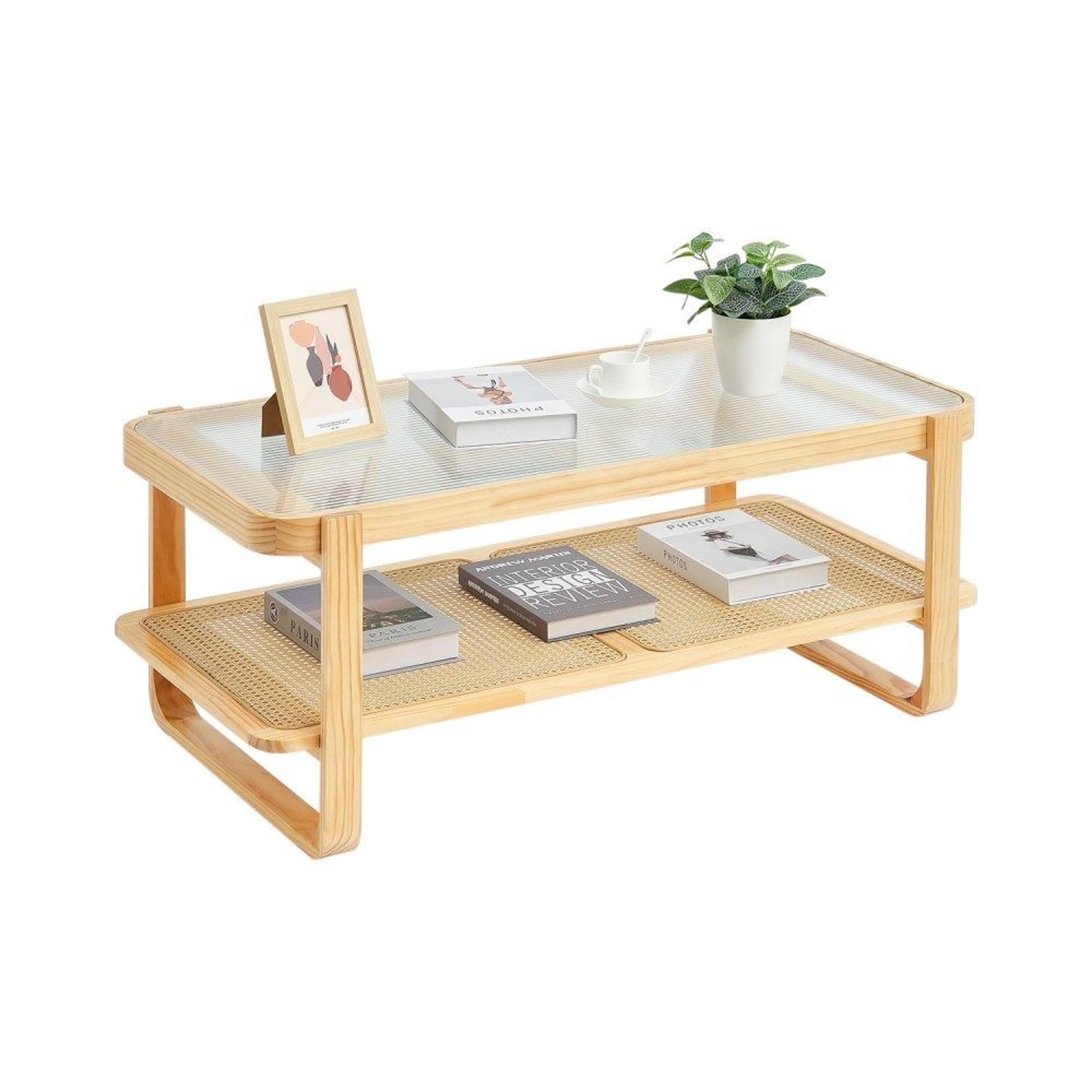 rattan coffee table modern boho storage wood table with tempered glass top natural wood legs