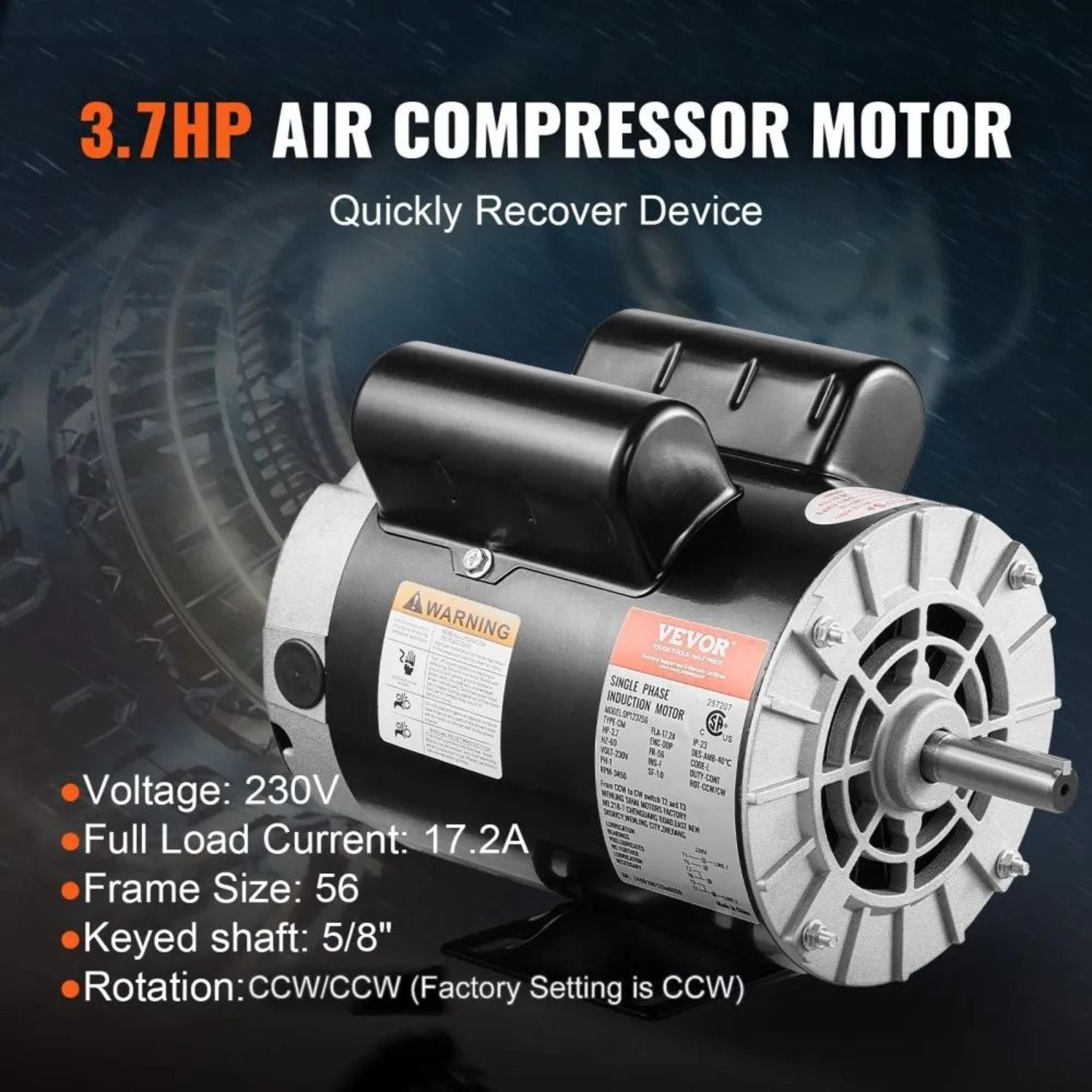 37HP Air Compressor Motor 3450RPM 230V Single Phase 56 Frame Reversible Electric Motor 3