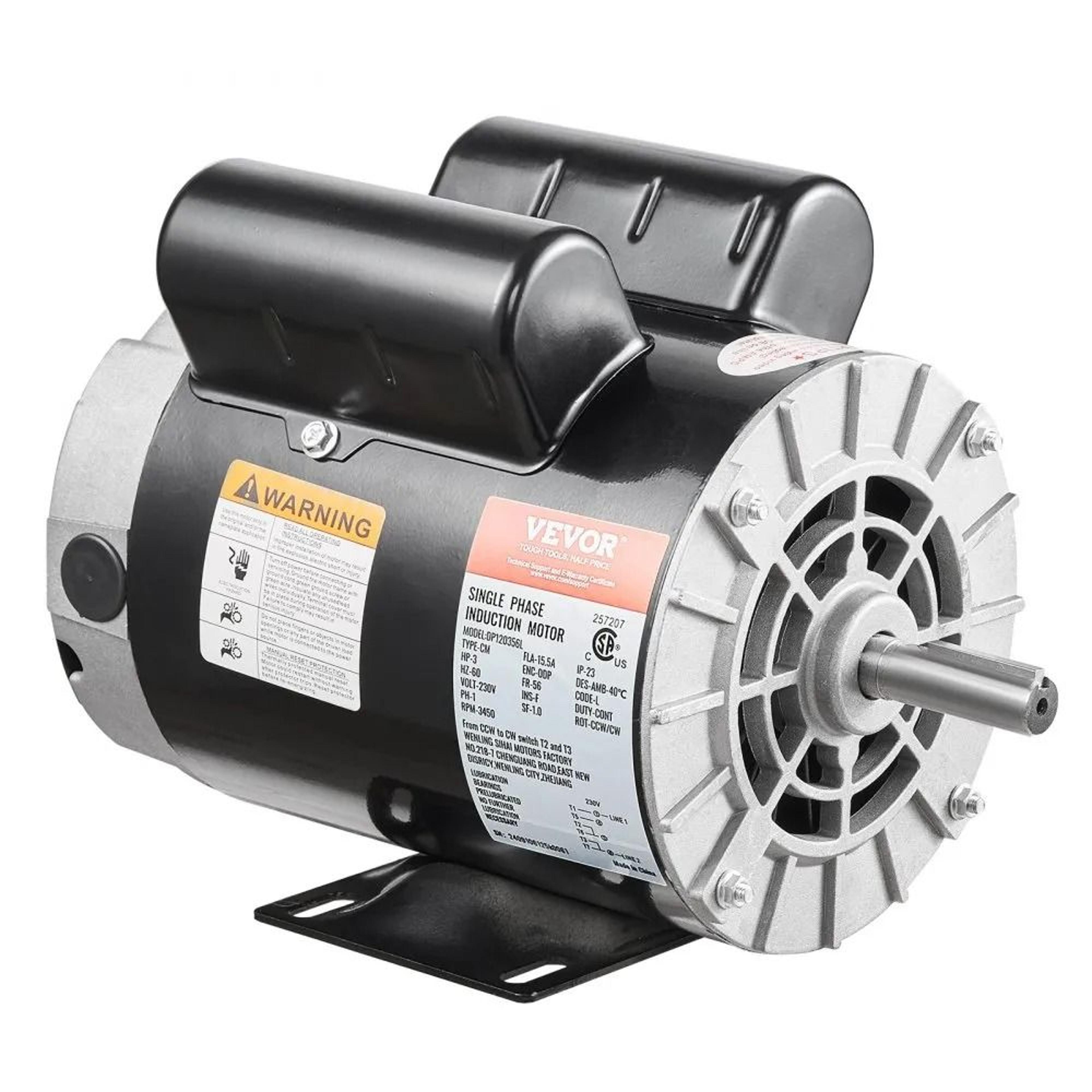 3hp air compressor electric motor 230v 15.5 amp 56 frame 3450 rpm 5/8 inch keyed shaft single phase