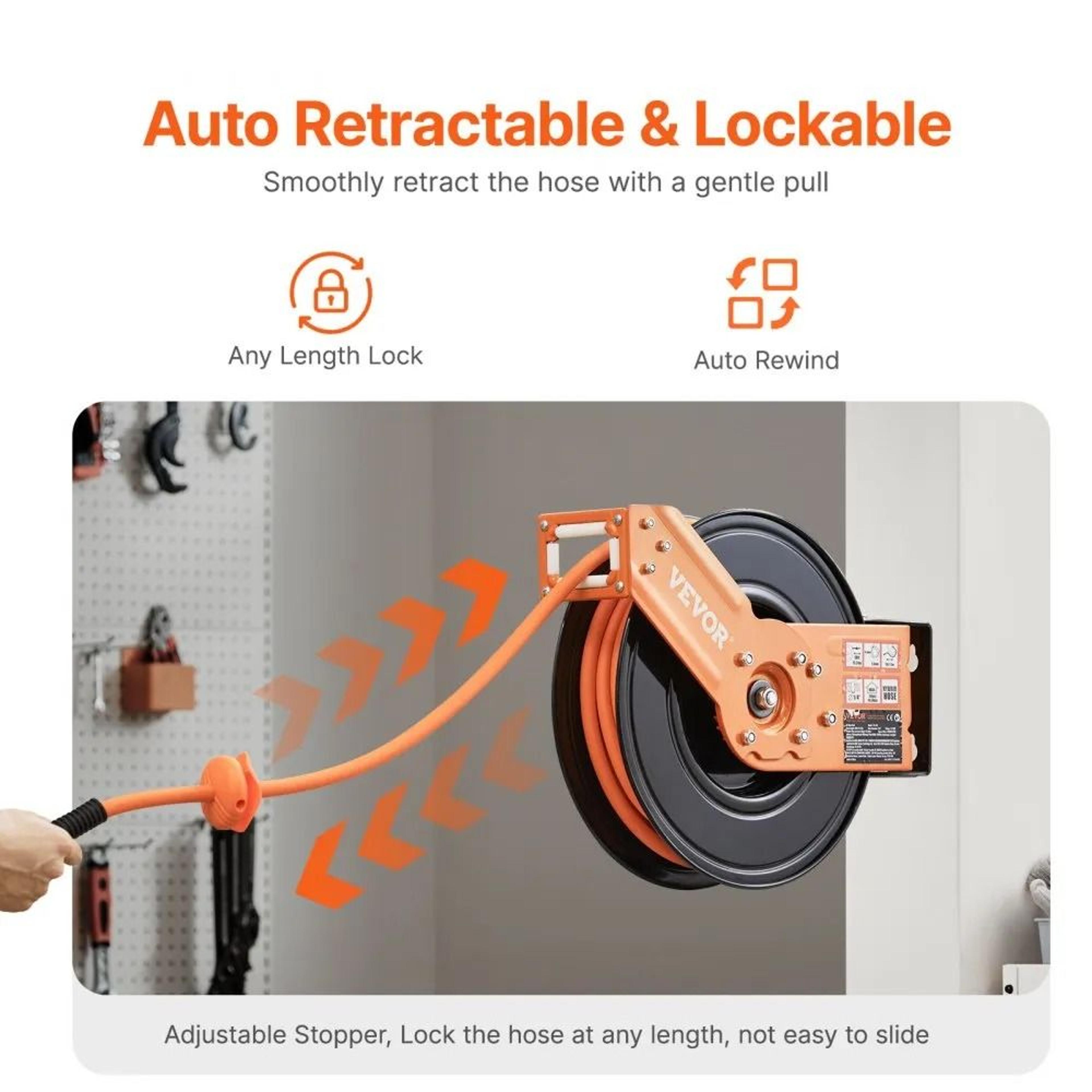 Retractable Air Hose Reel With 38 Inch X 50 FT Rubber Air Hose AutoRewind 300 PSI Heavy Duty 180 Sw 4