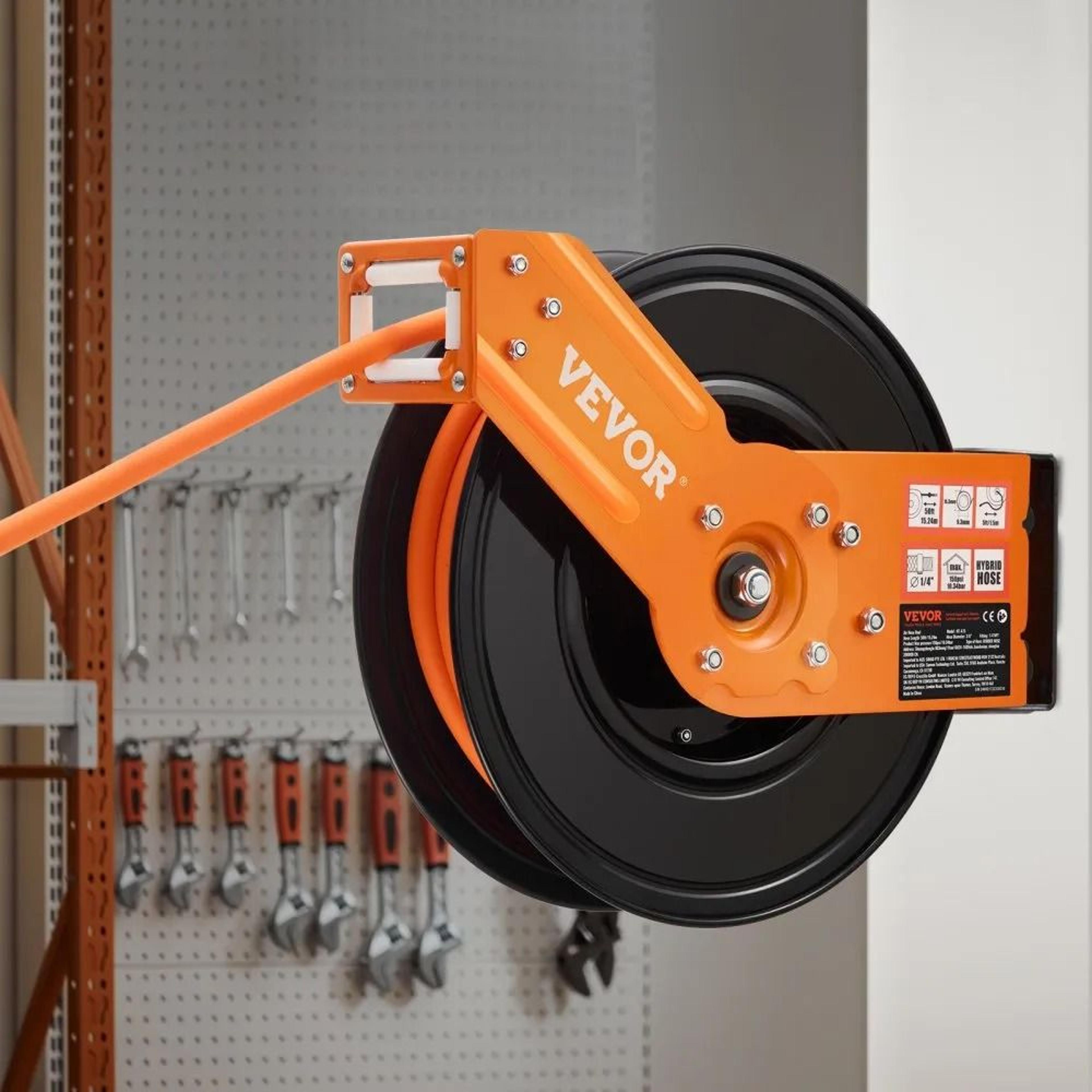 Retractable Air Hose Reel With 38 Inch X 50 FT Rubber Air Hose AutoRewind 300 PSI Heavy Duty 180 Sw 6
