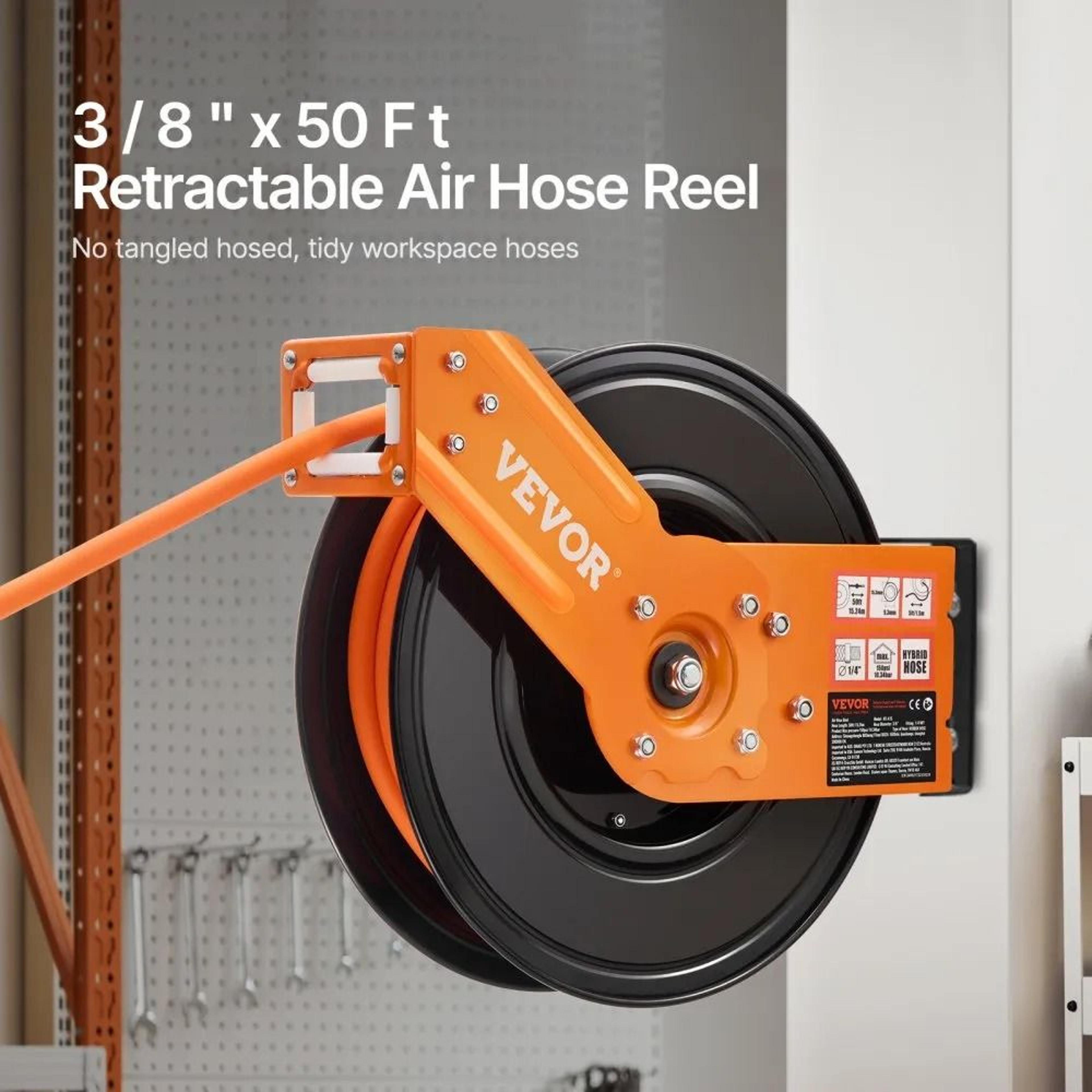 Retractable Air Hose Reel With 38 Inch X 50 FT Rubber Air Hose AutoRewind 300 PSI Heavy Duty 180 Sw 5