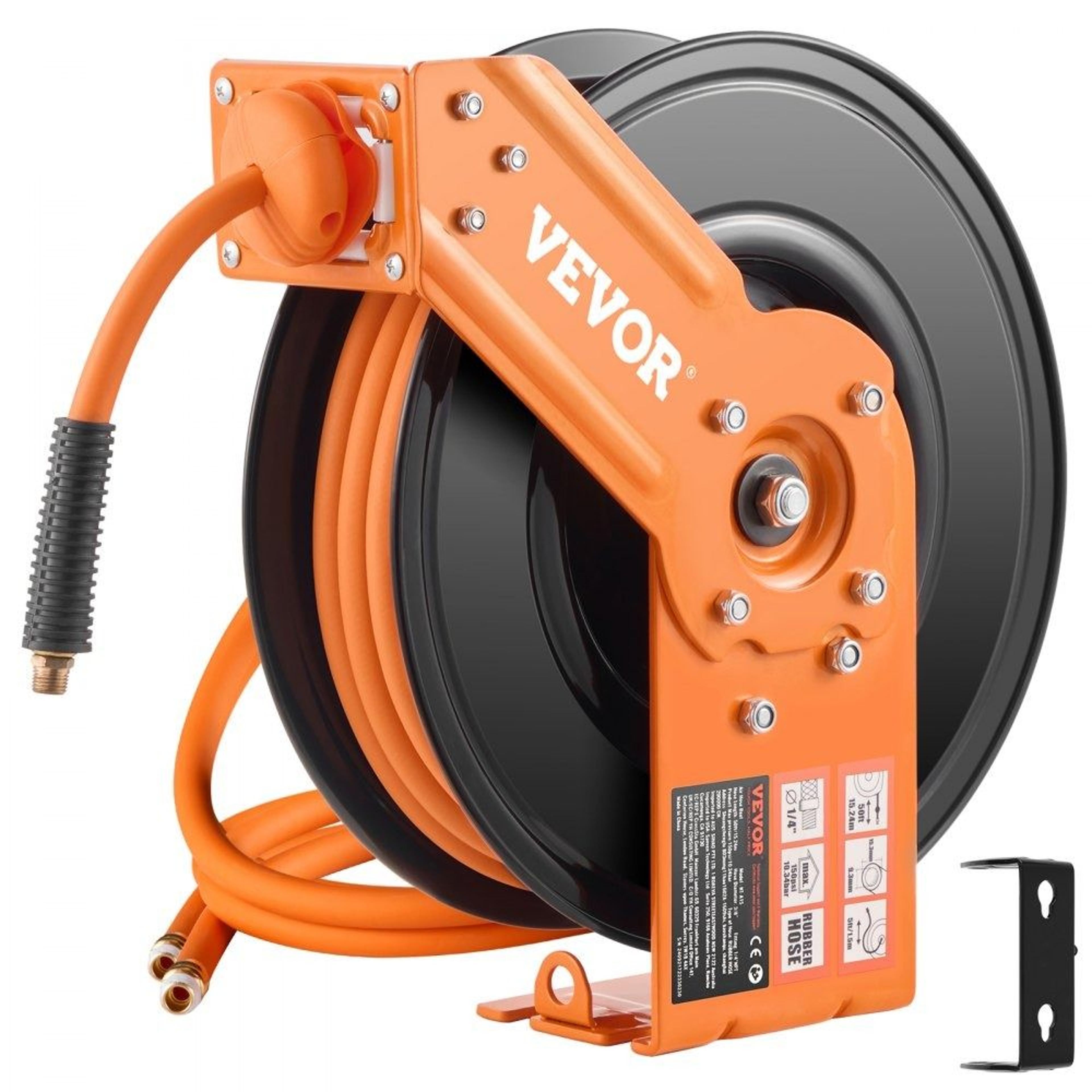 Retractable Air Hose Reel With 38 Inch X 50 FT Rubber Air Hose AutoRewind 300 PSI Heavy Duty 180 Sw 7