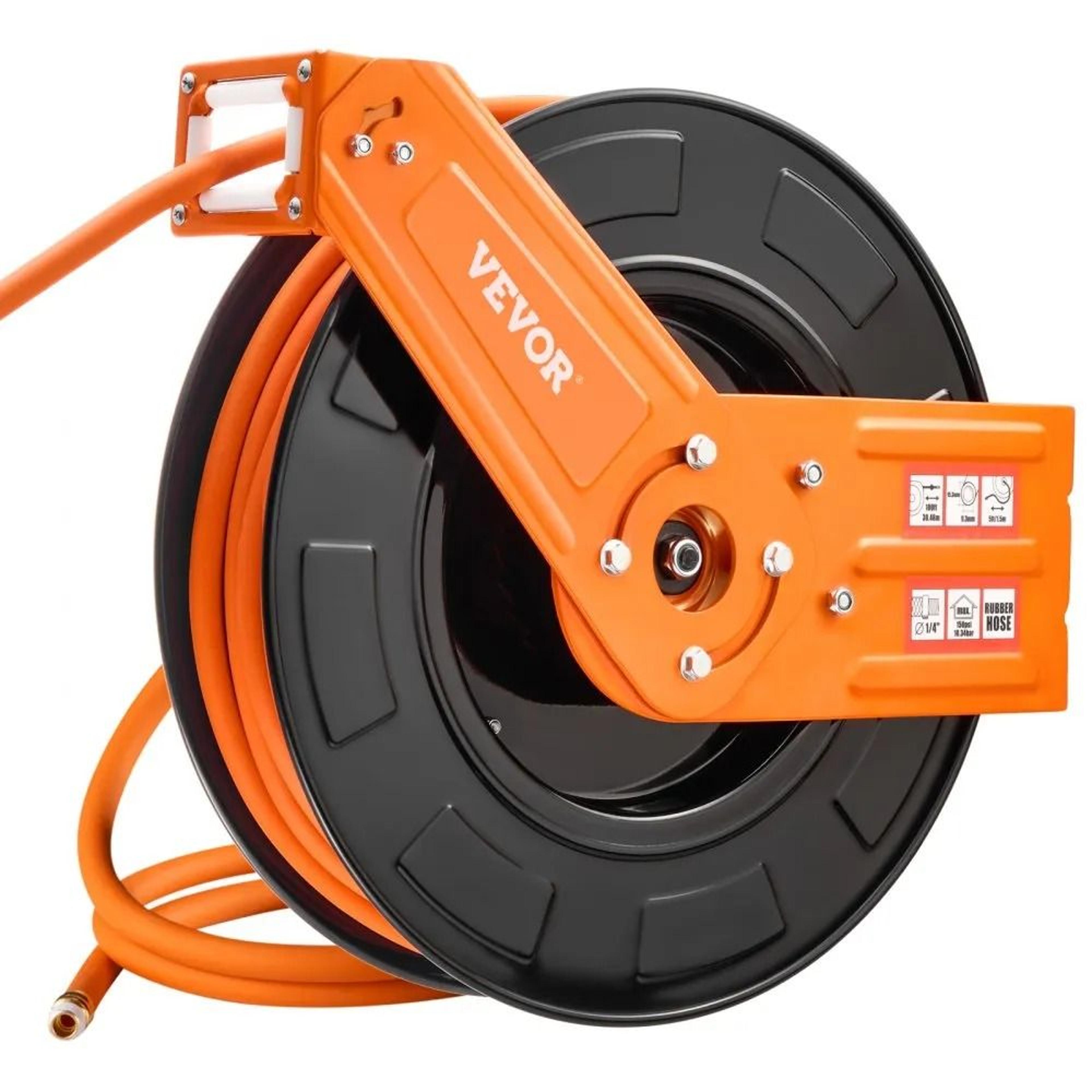 retractable air hose reel 3/8 inch x 100 foot heavy duty steel reel with rubber air hose 300 psi