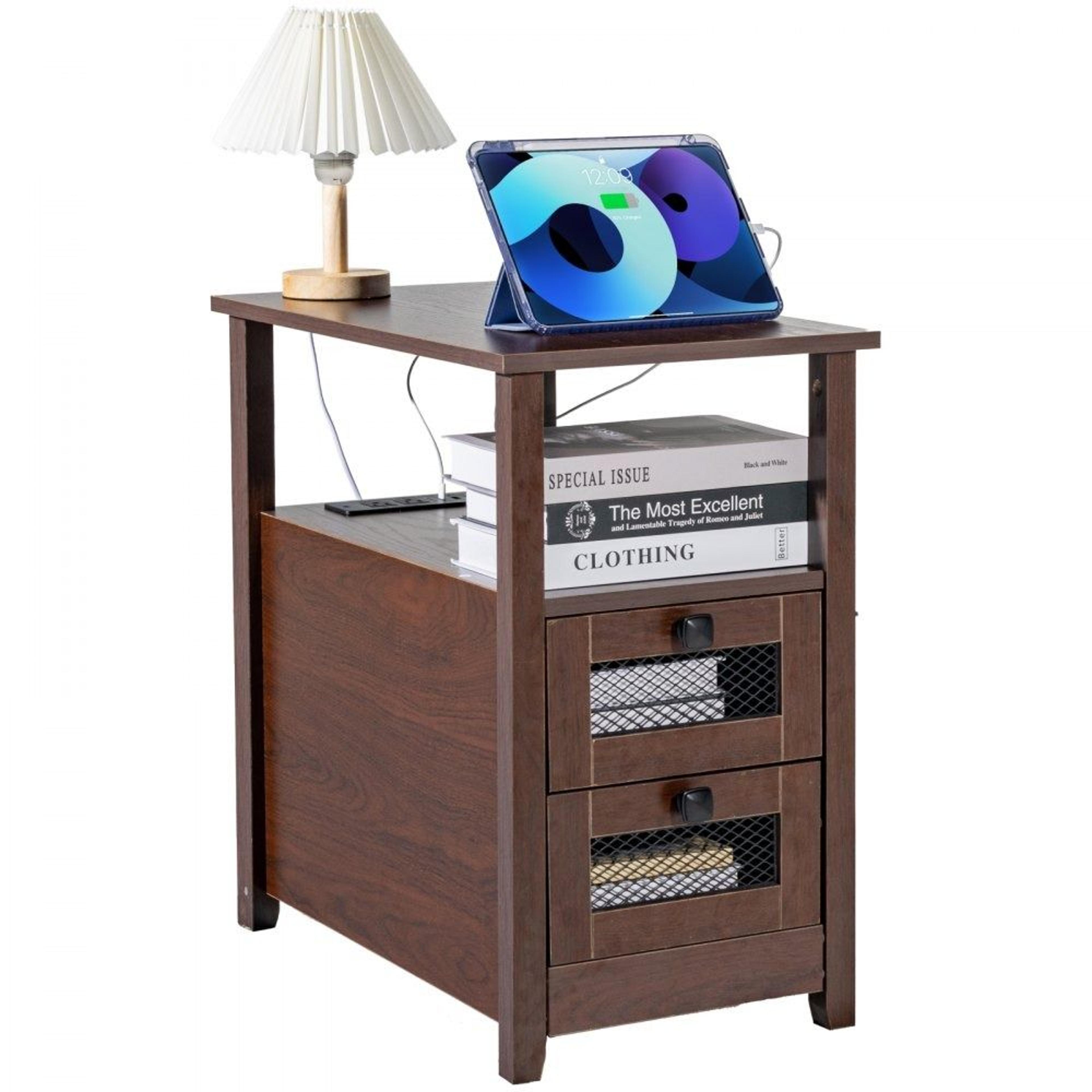 farmhouse end table nightstand with built in charging station and 2 drawers brown