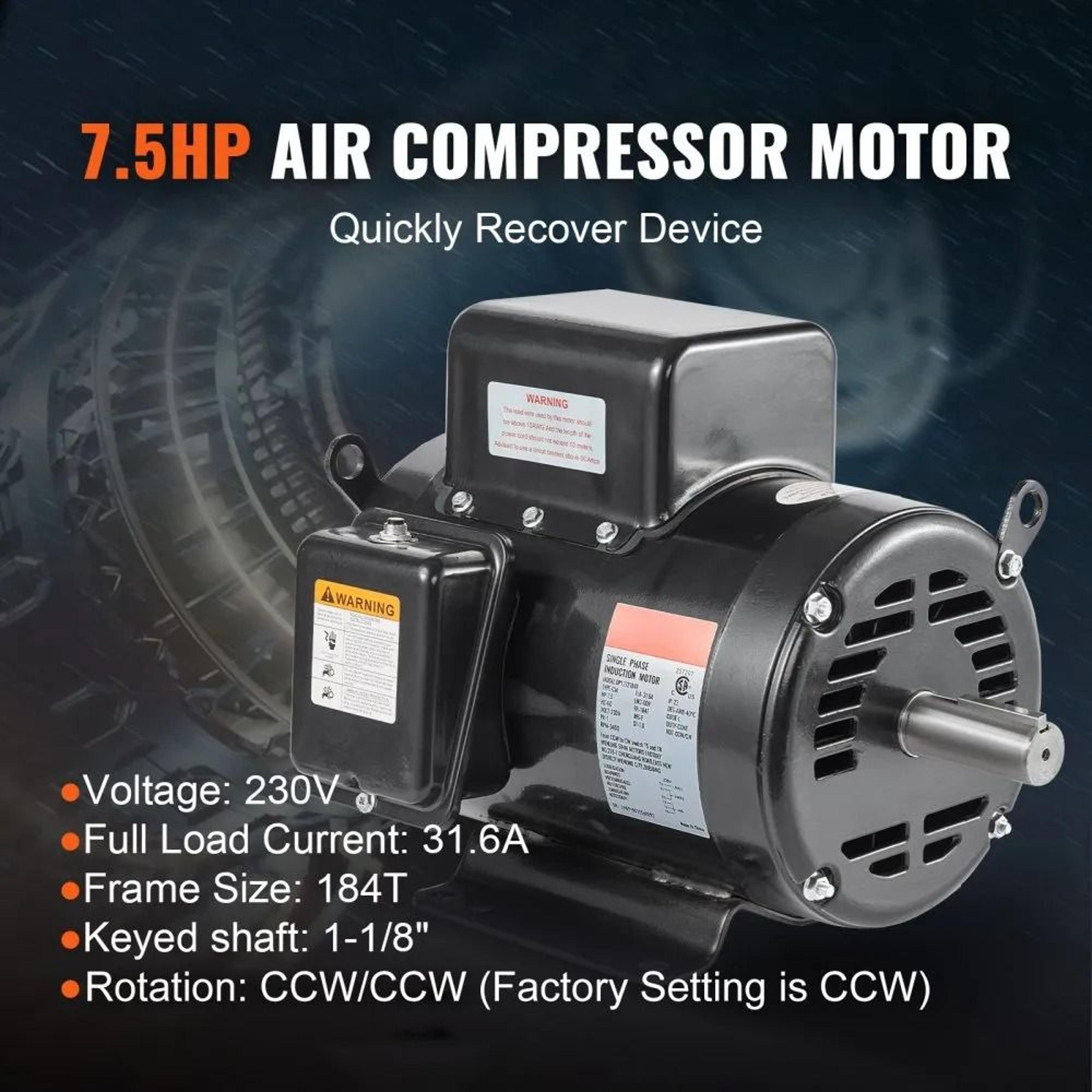 75HP Air Compressor Motor 230V Single Phase 3450RPM 184T Frame 118 Keyed Shaft 3