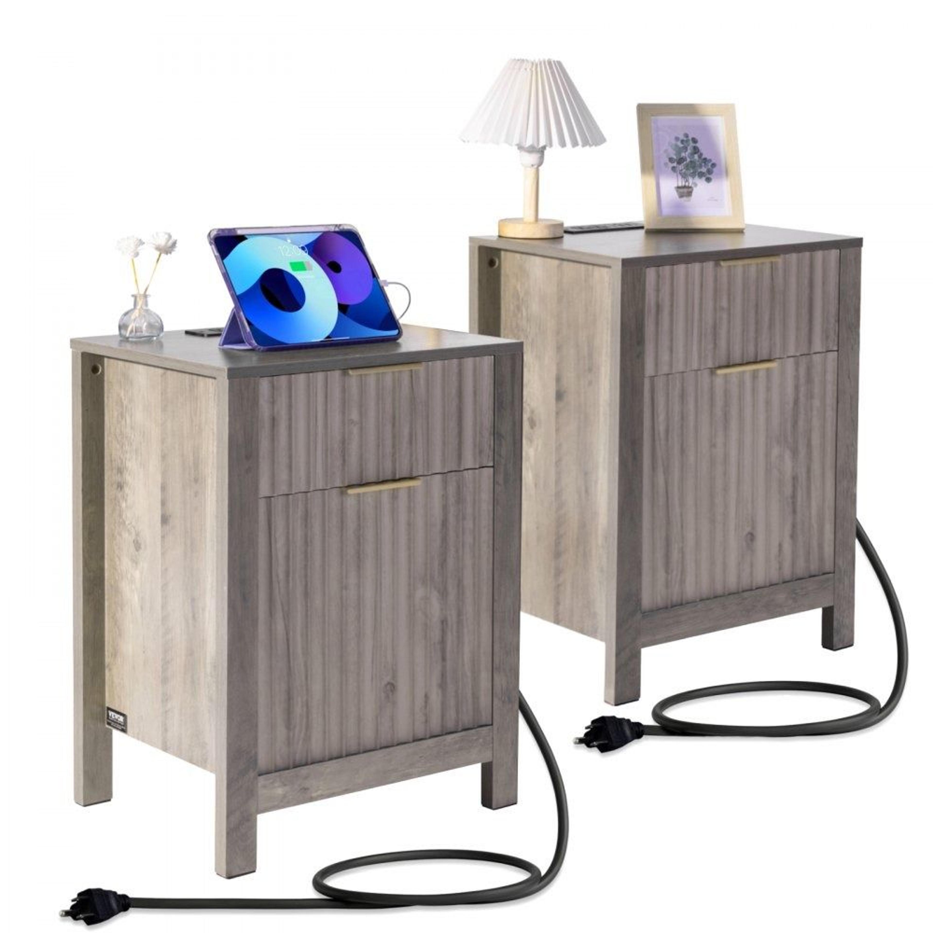 farmhouse end table set of 2 nightstand with charging station gray side table with storage cabinet and 2 drawers