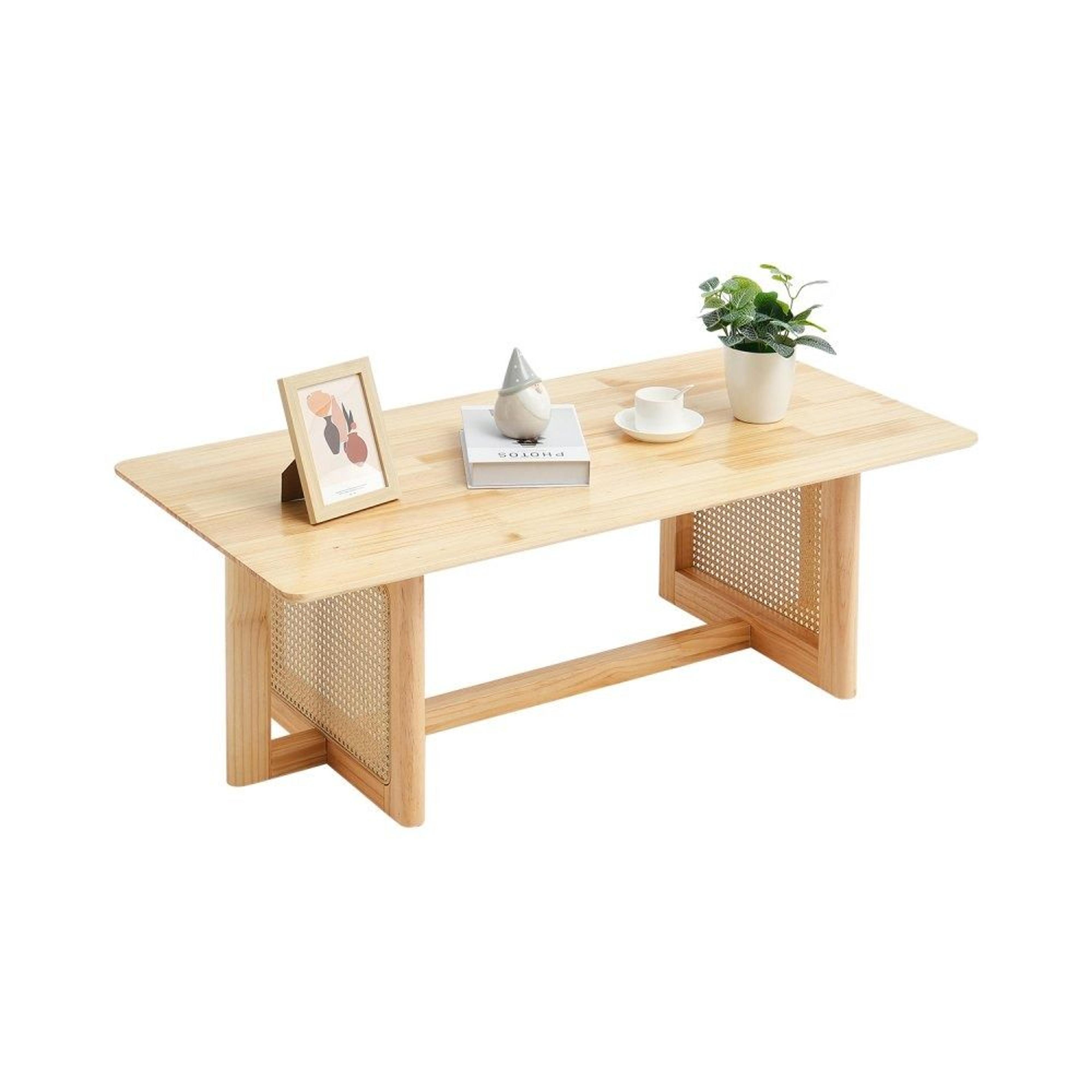 47 inch rectangle rattan coffee table with rubber wood top and natural wood legs for living room and bedroom