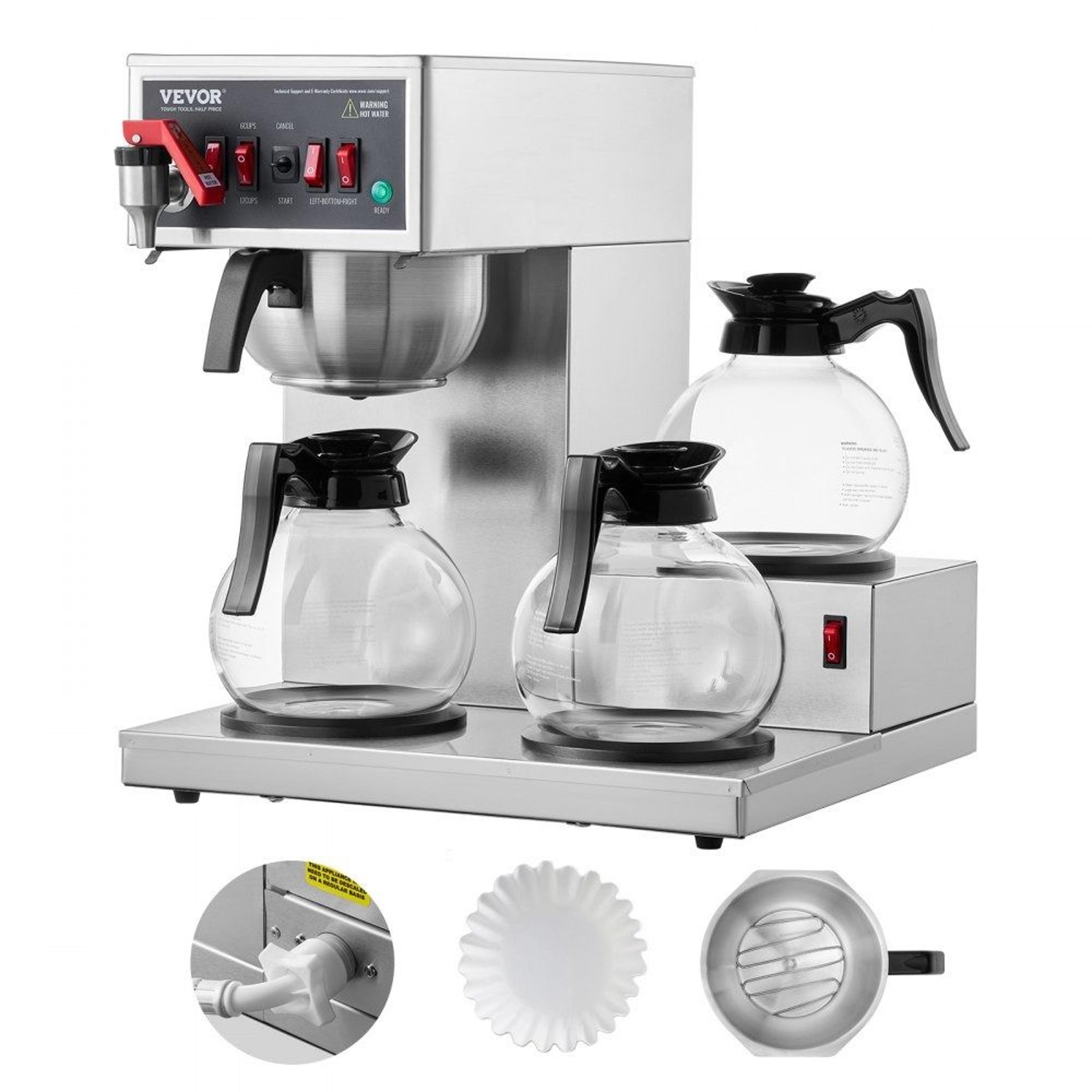 12 cup commercial drip coffee maker with 3 glass carafes and 3 warmer plates stainless steel pour over coffee brewer