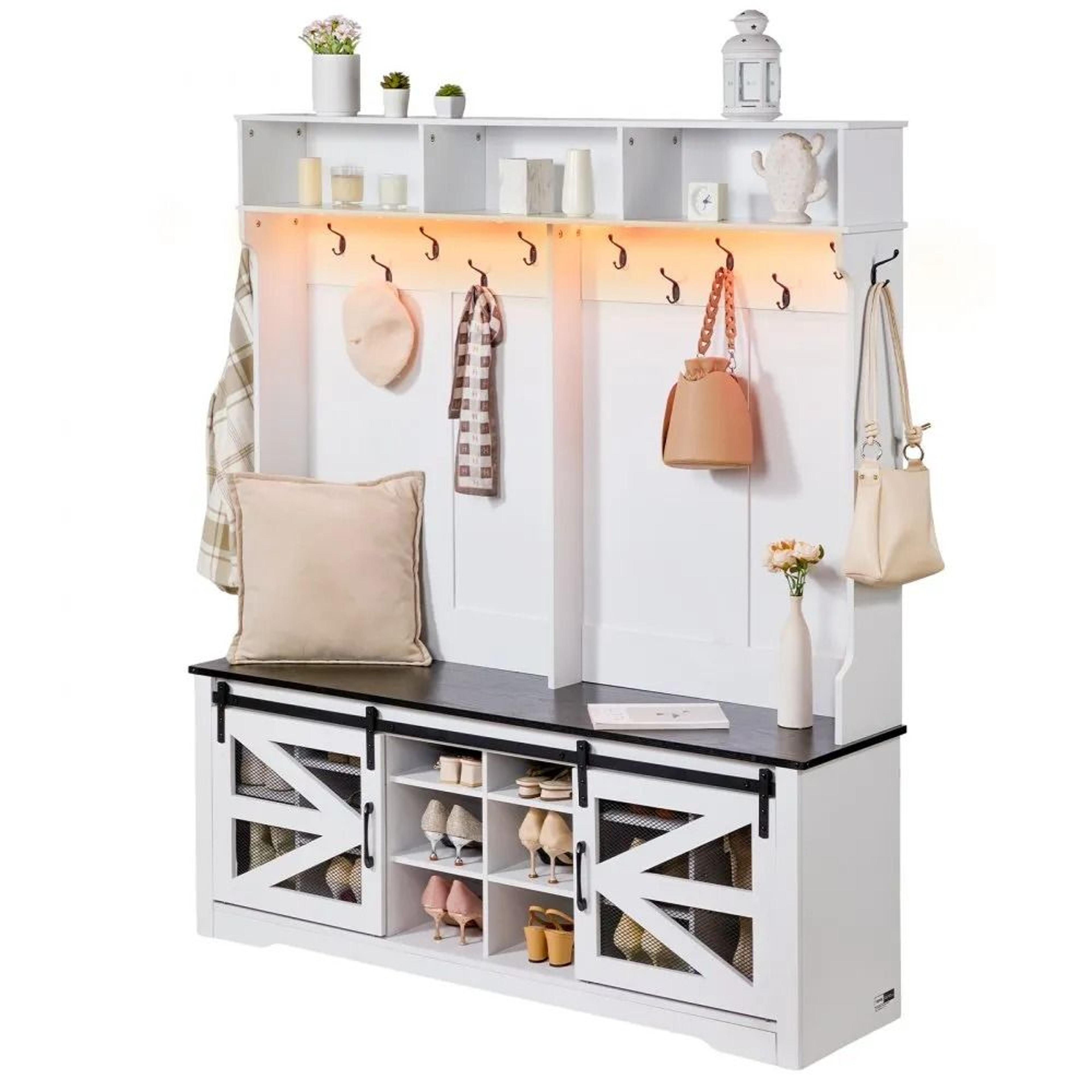 59 inch wide mudroom hall tree entryway bench with storage and usb led light