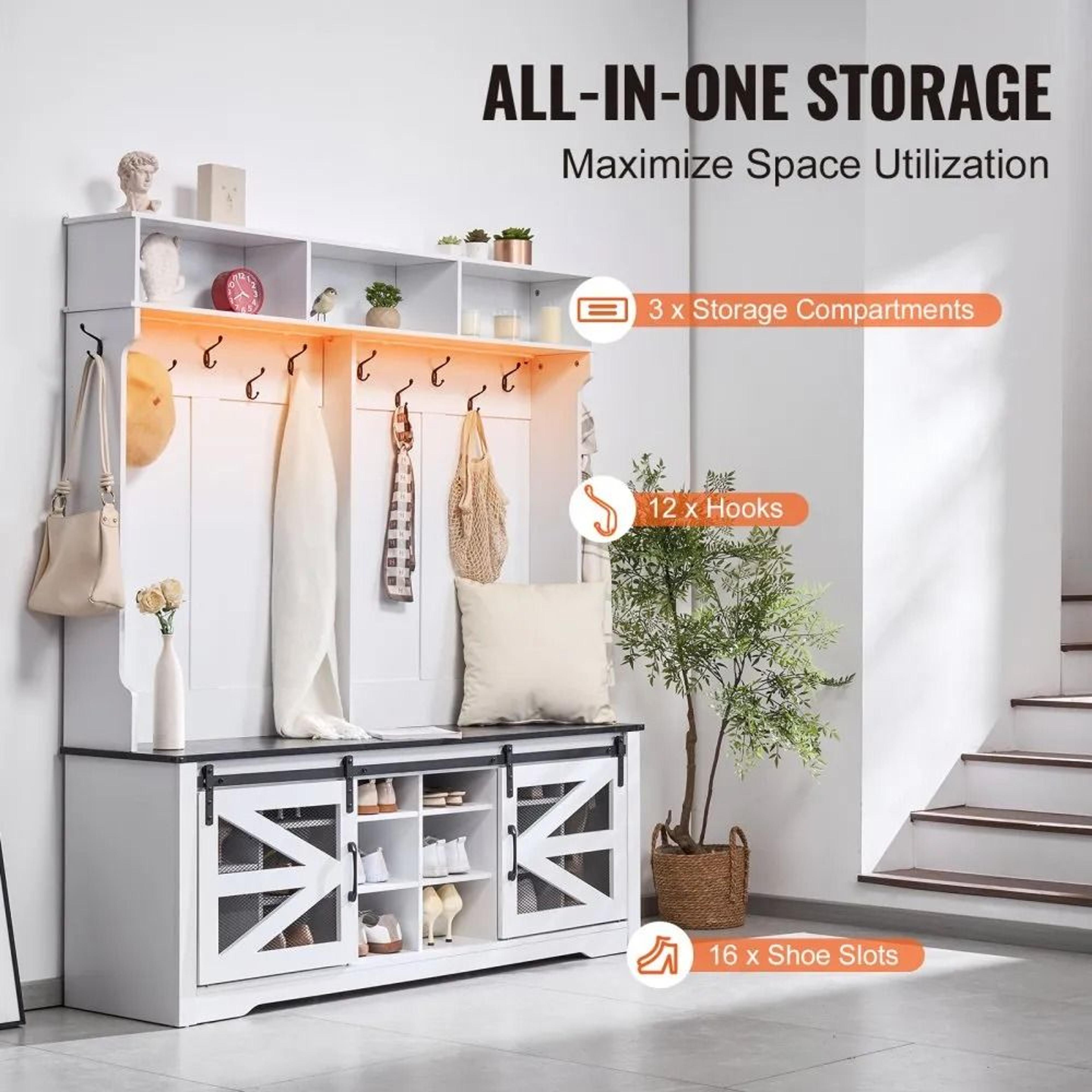 59 Inch Wide Mudroom Hall Tree Entryway Bench With Storage And USB LED Light 3