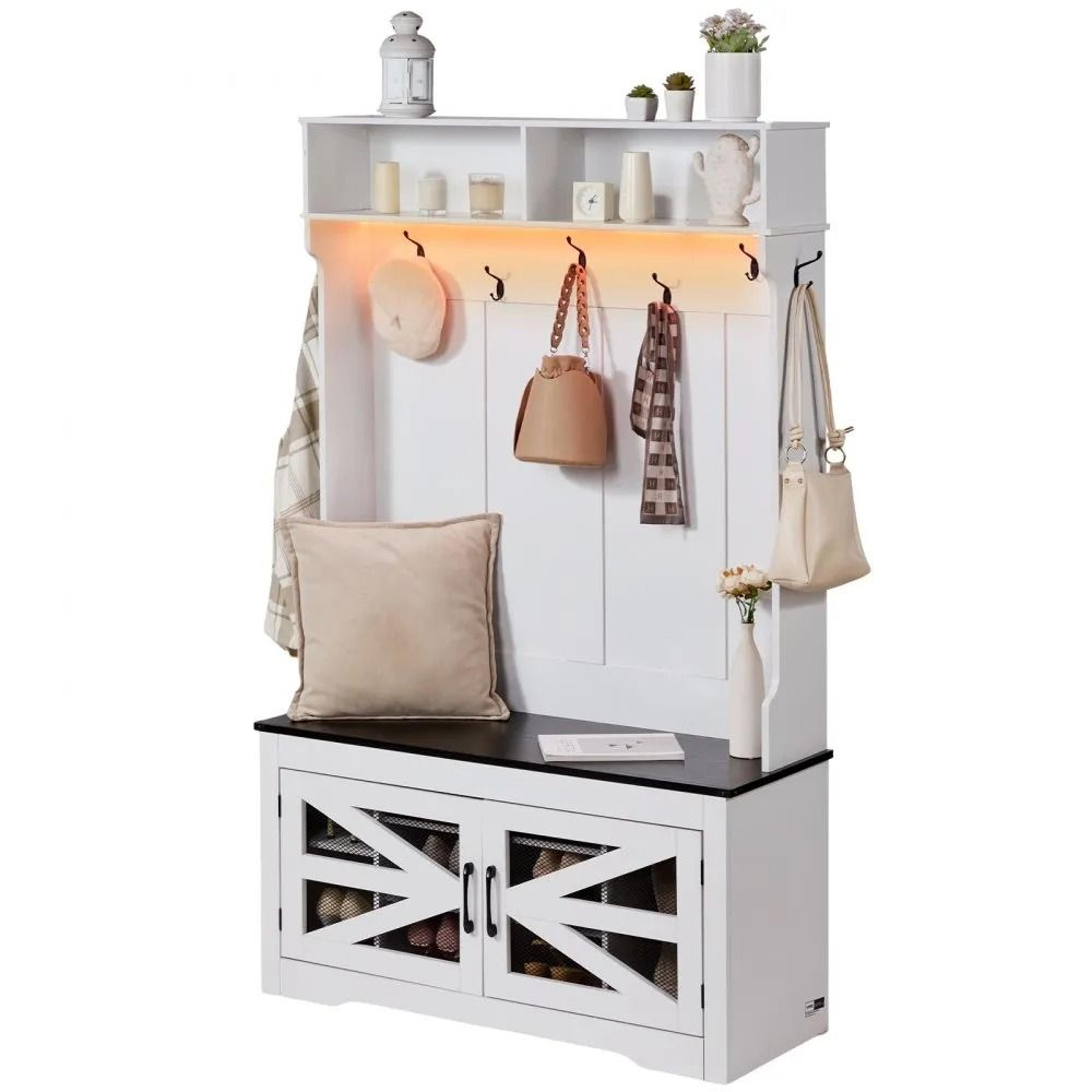hall tree entryway bench with led light strip shoe storage 7 hooks mudroom organizer