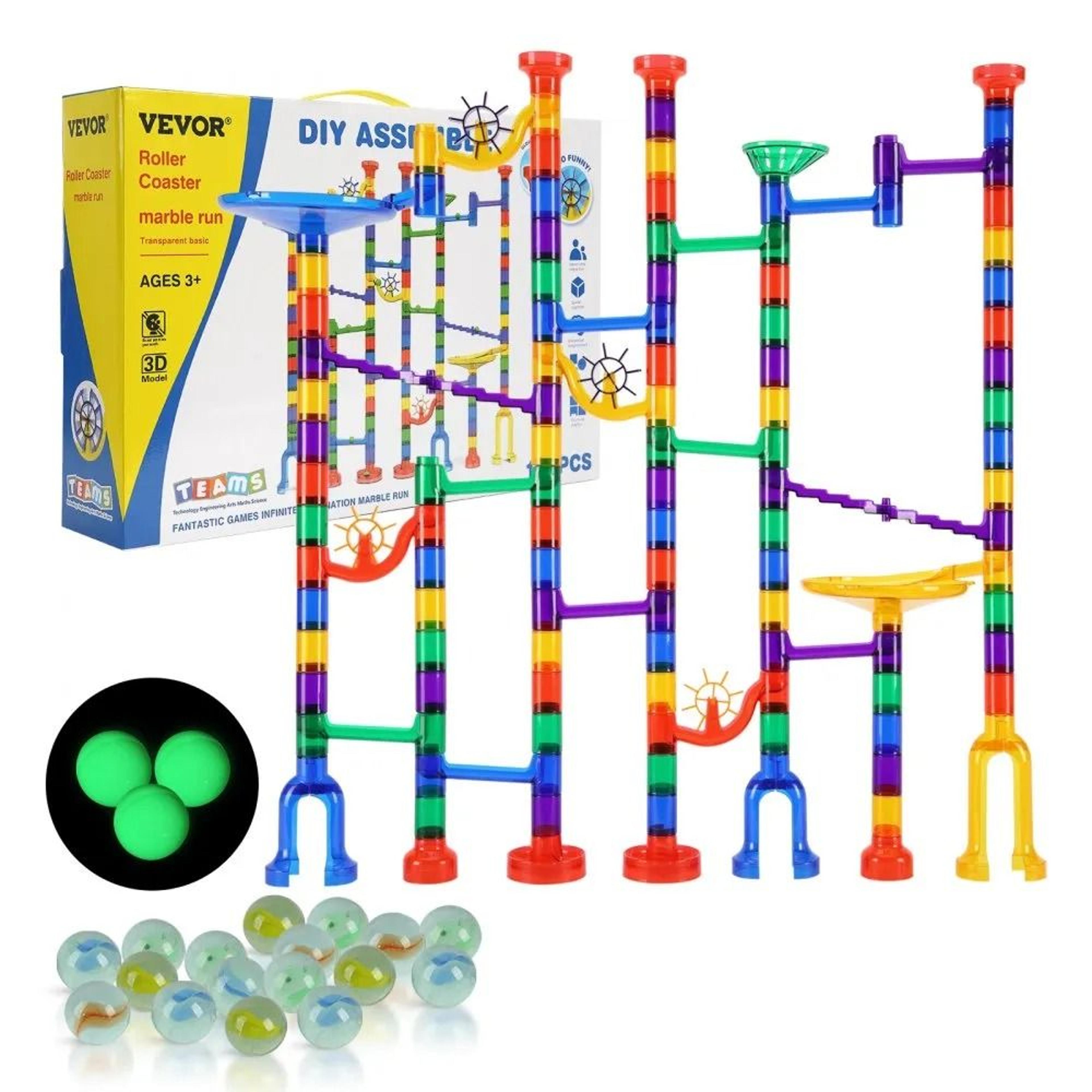 150 piece marble run set with glow in the dark and glass marbles stem building toy ages 3+