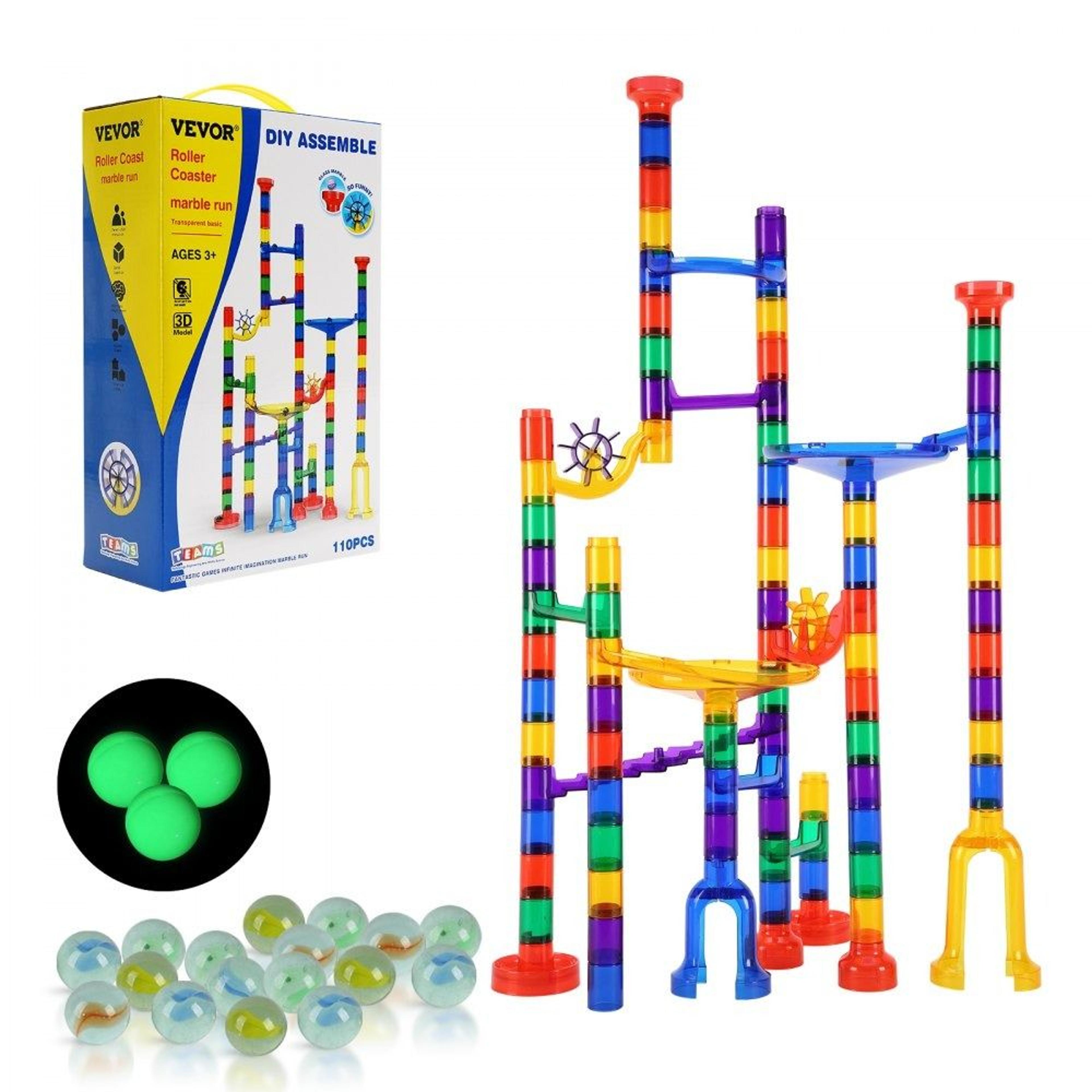 110 piece marble run set with glow in the dark and glass marbles