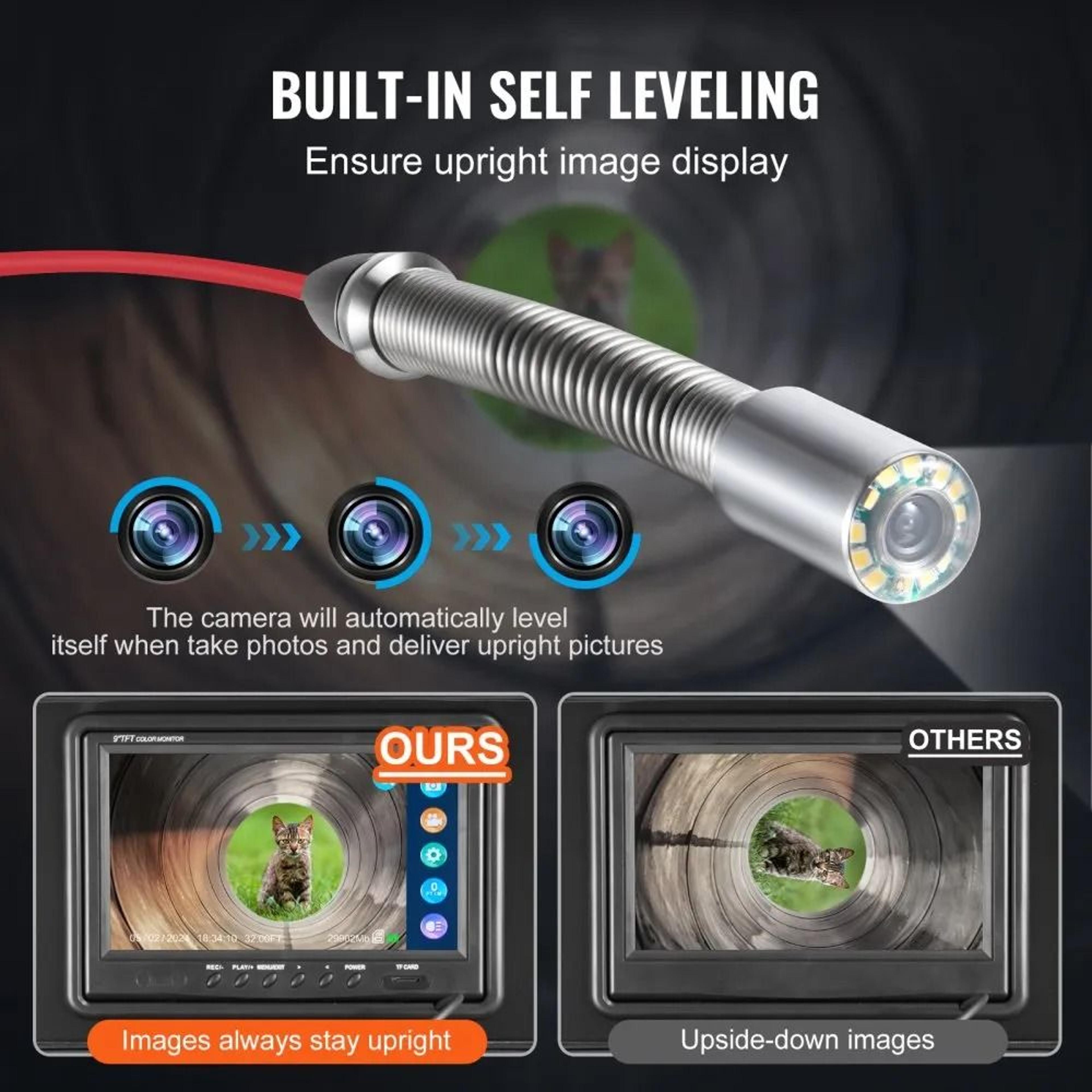 98 Ft SelfLeveling Sewer Camera With 512Hz Transmitter 9 Inch 1080P Screen 1