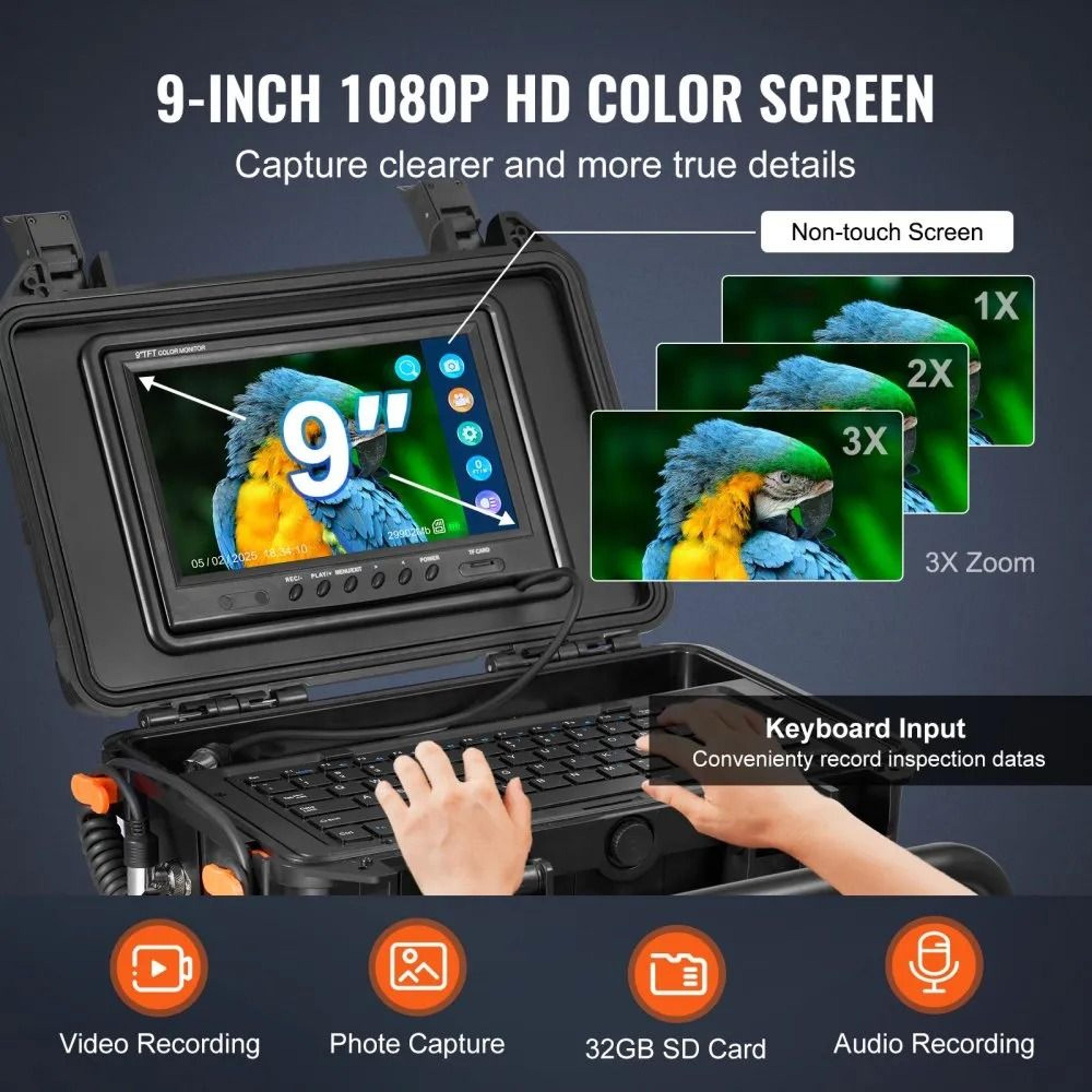 98 Ft SelfLeveling Sewer Camera With 512Hz Transmitter 9 Inch 1080P Screen 3