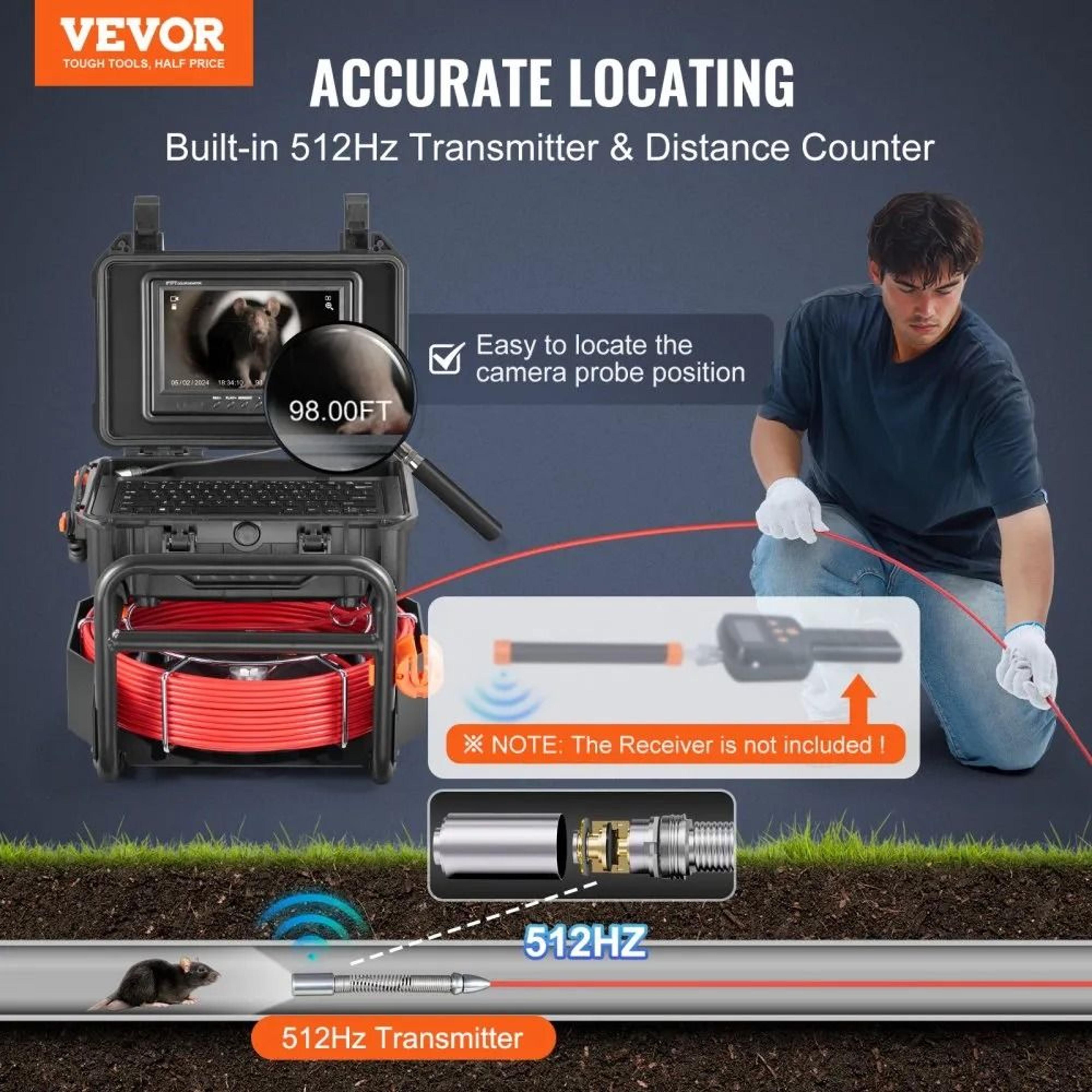98 Ft SelfLeveling Sewer Camera With 512Hz Transmitter 9 Inch 1080P Screen 4