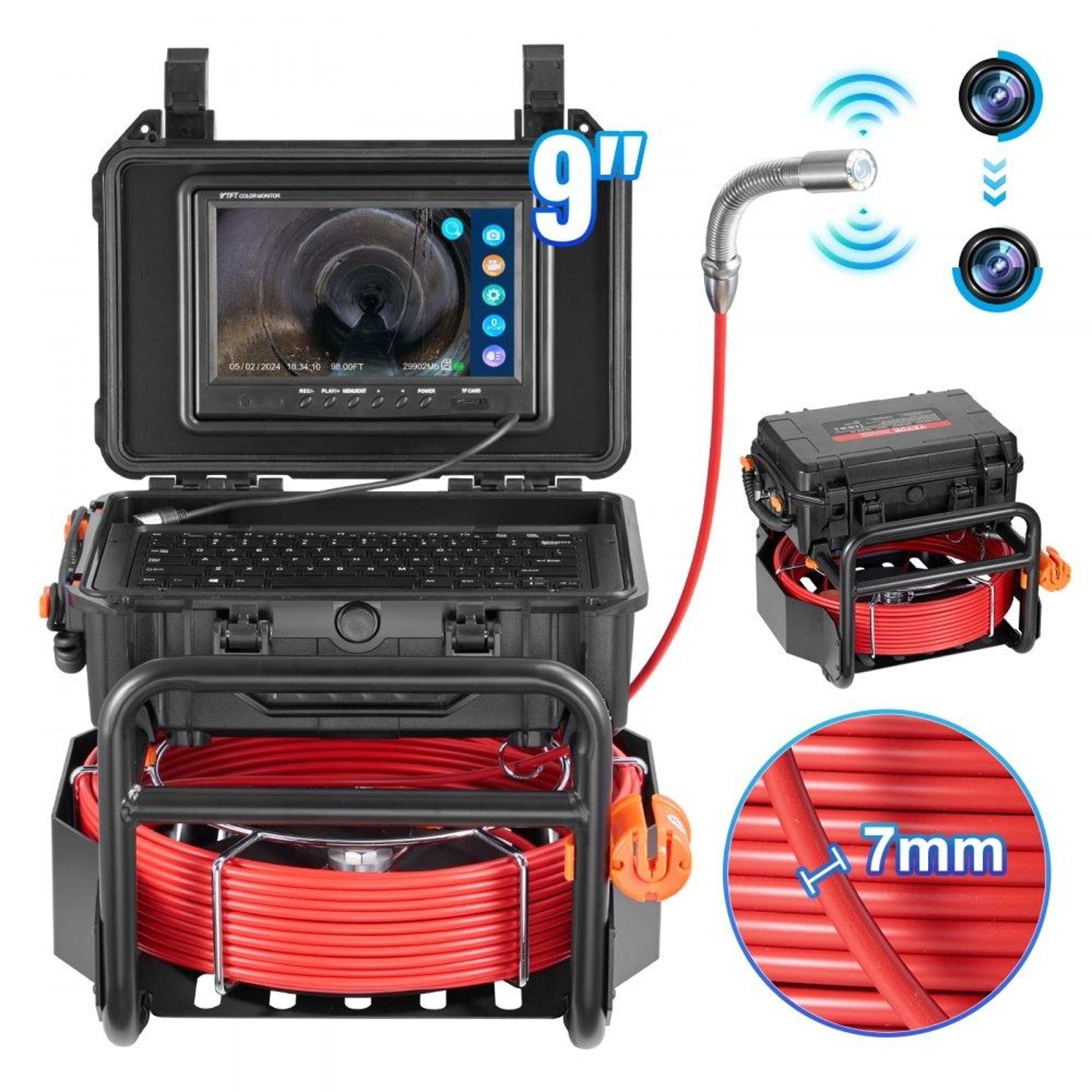 98 ft self-leveling sewer camera with 512hz transmitter 9 inch 1080p screen