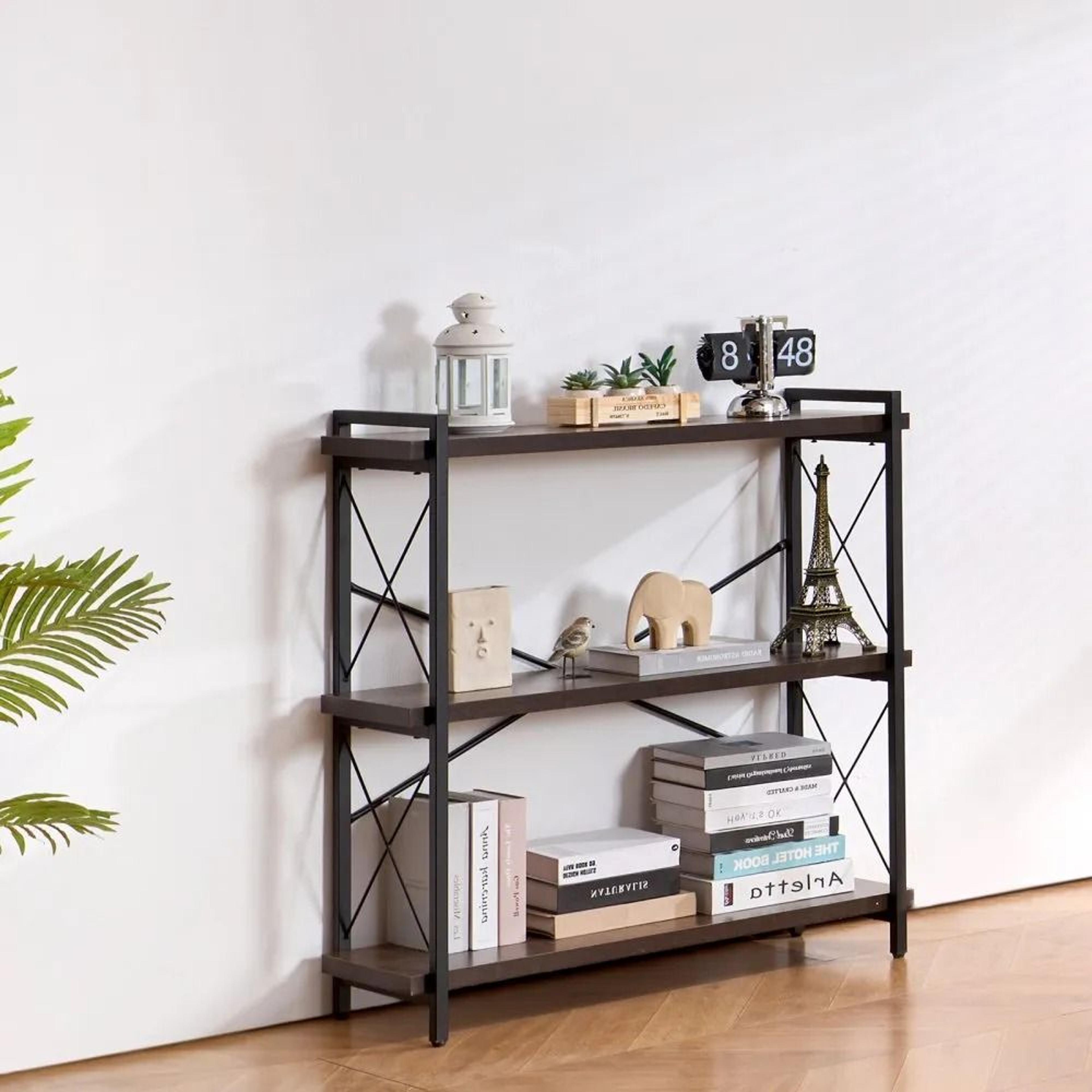 3Tier Industrial Metal Bookshelf With Open Shelves And Adjustable Feet 6