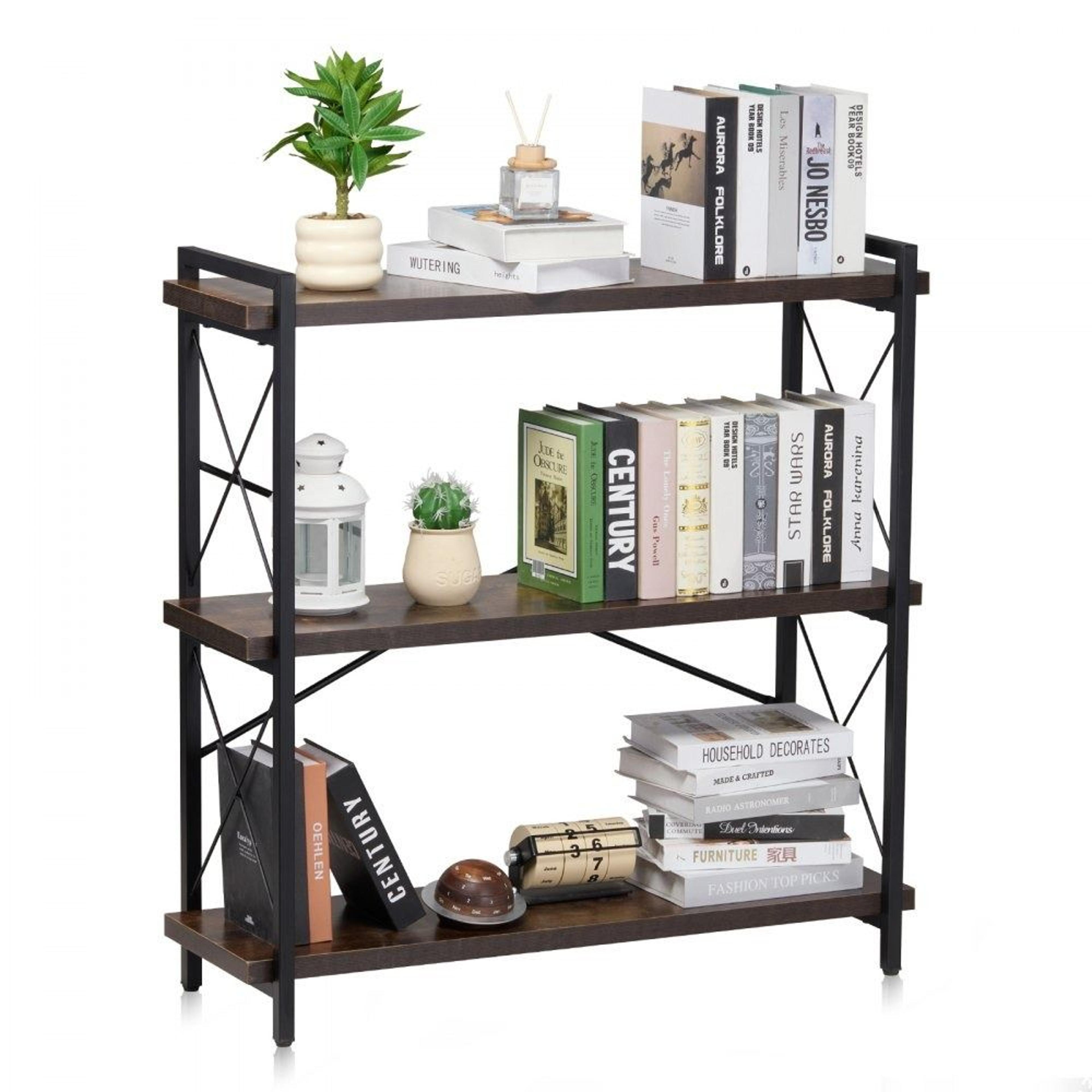 3-tier industrial metal bookshelf with open shelves and adjustable feet