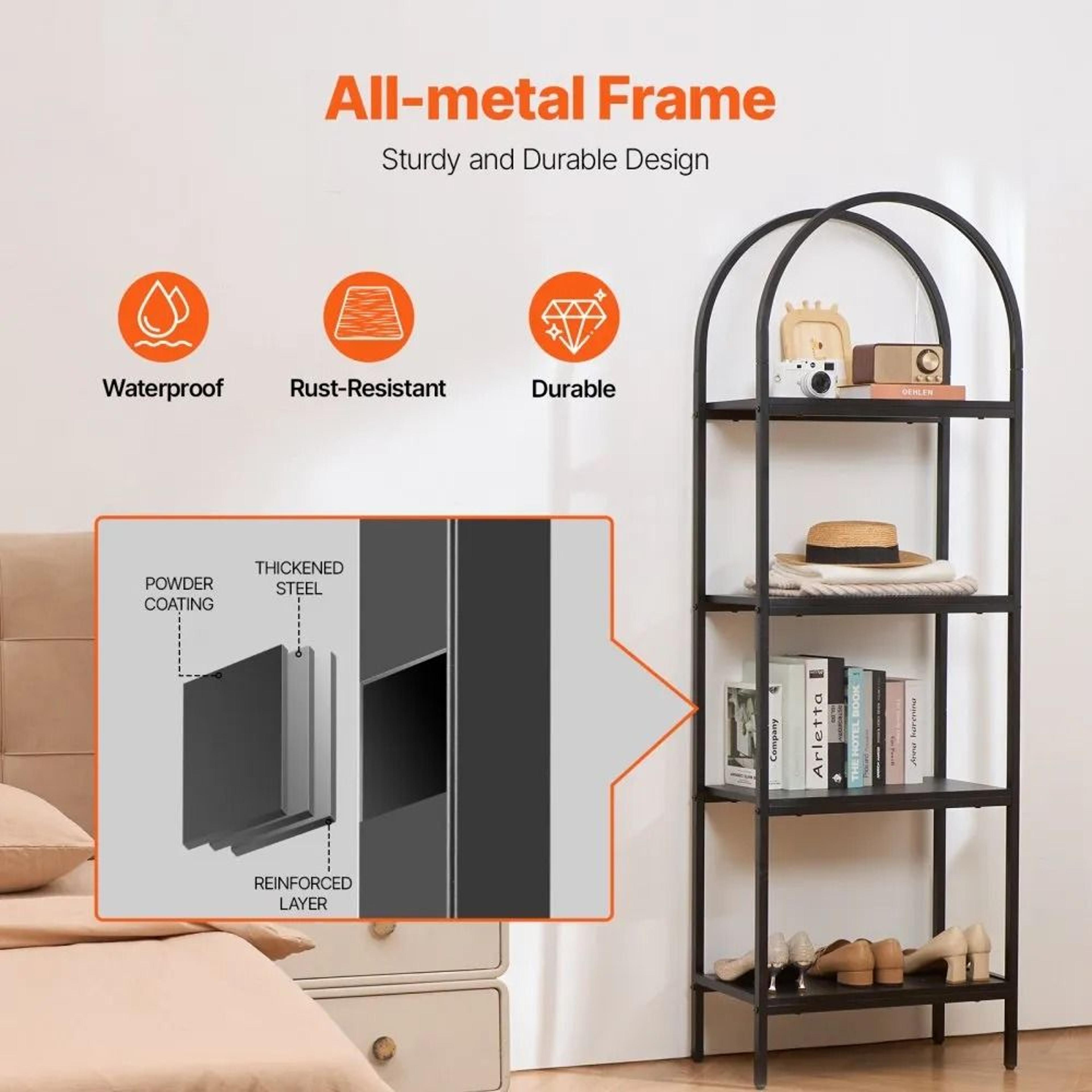 4Tier Arched Metal Bookshelf With MDF Open Shelves 1