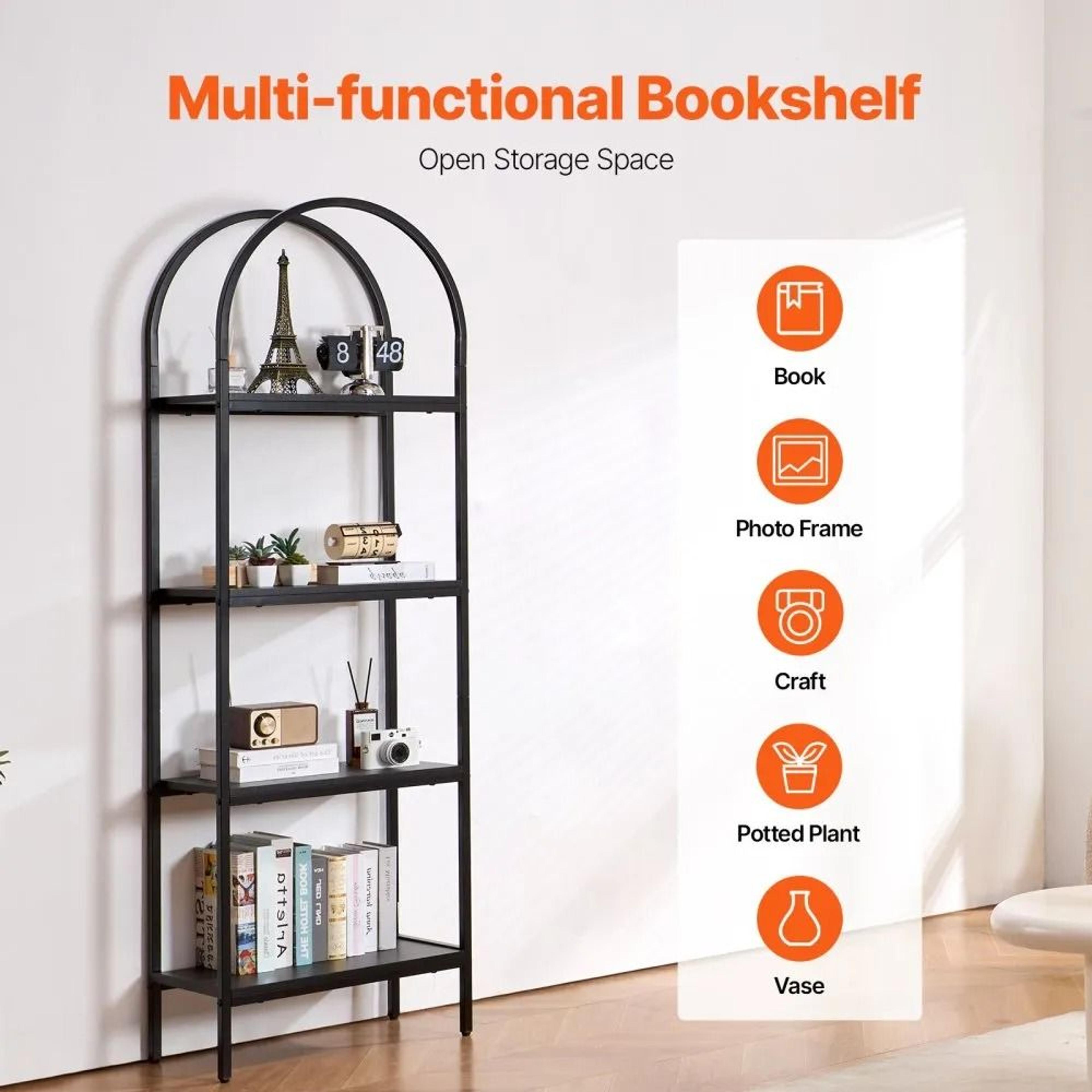 4Tier Arched Metal Bookshelf With MDF Open Shelves 4