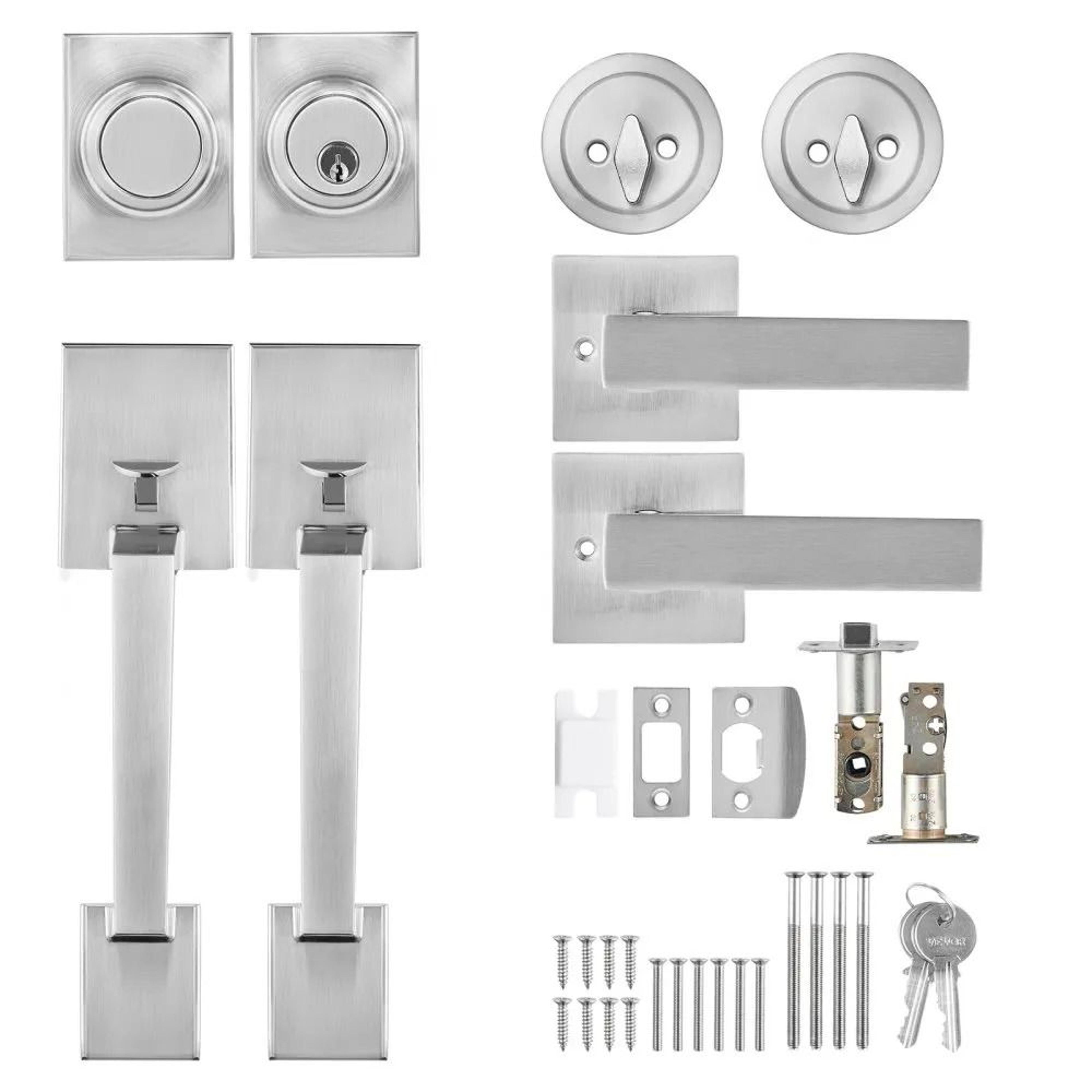 double door handle set with reversible lever and satin nickel finish