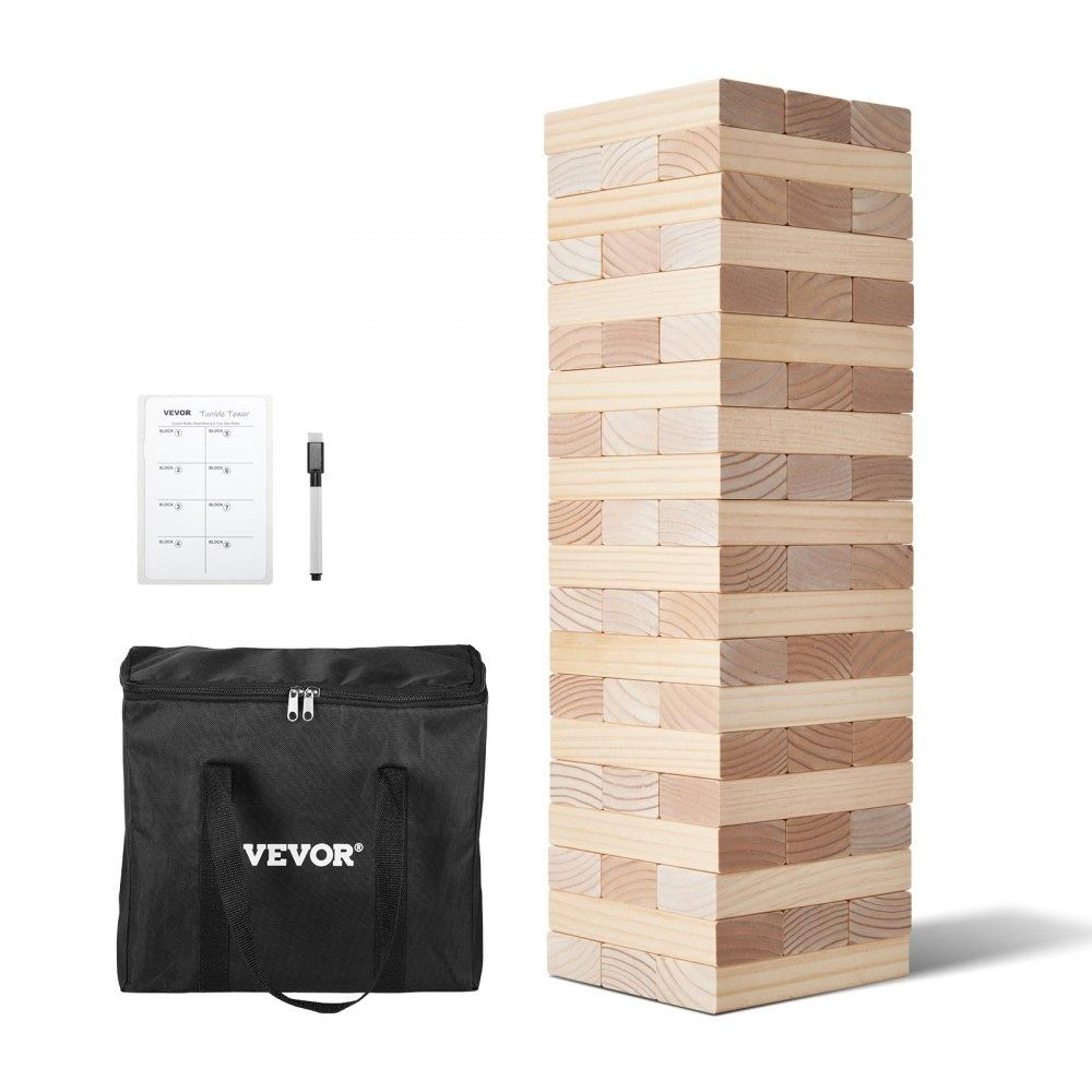 giant wooden tumbling tower game with 60 pine blocks carry bag and scoreboard