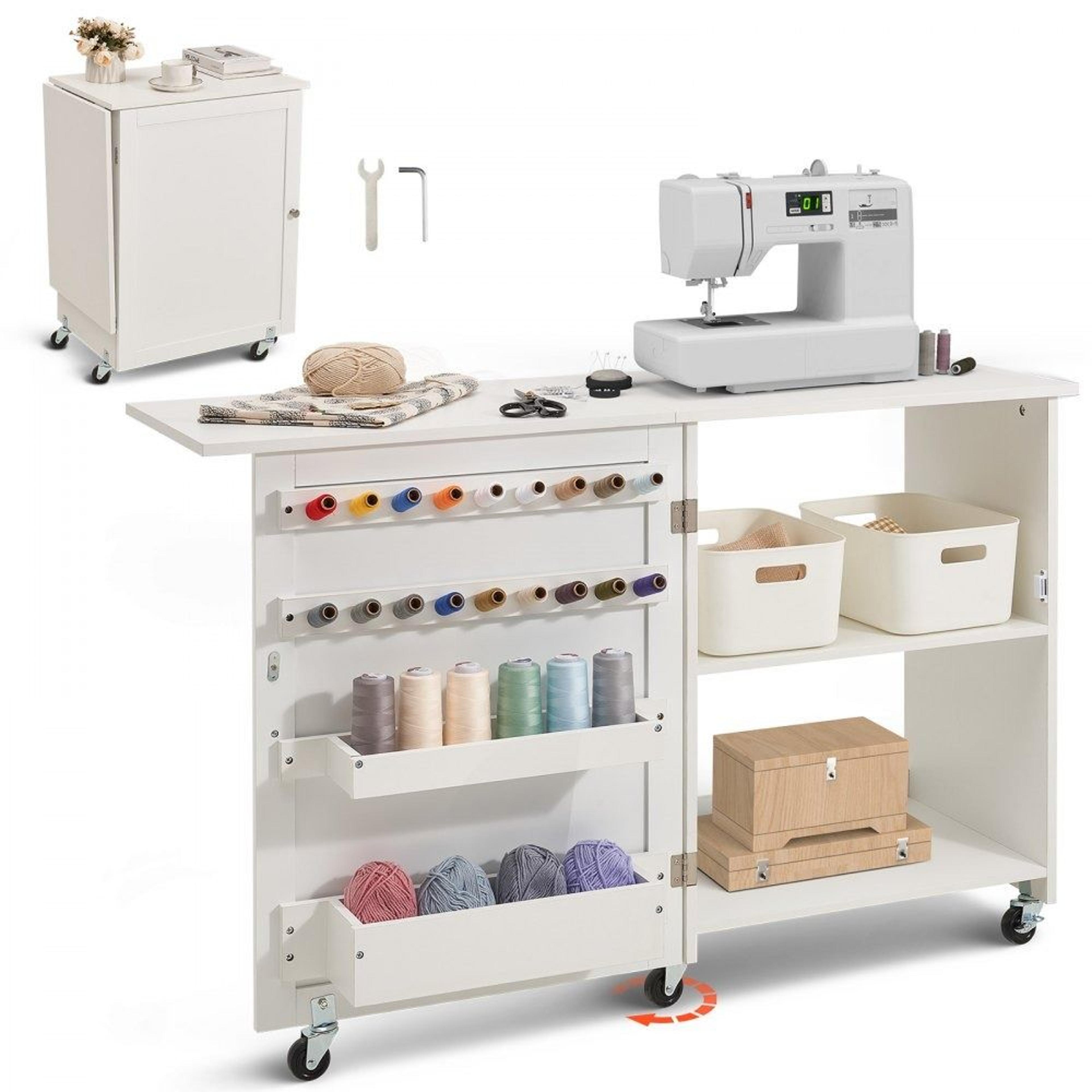 folding sewing table with storage shelves pegs trays and locking wheels