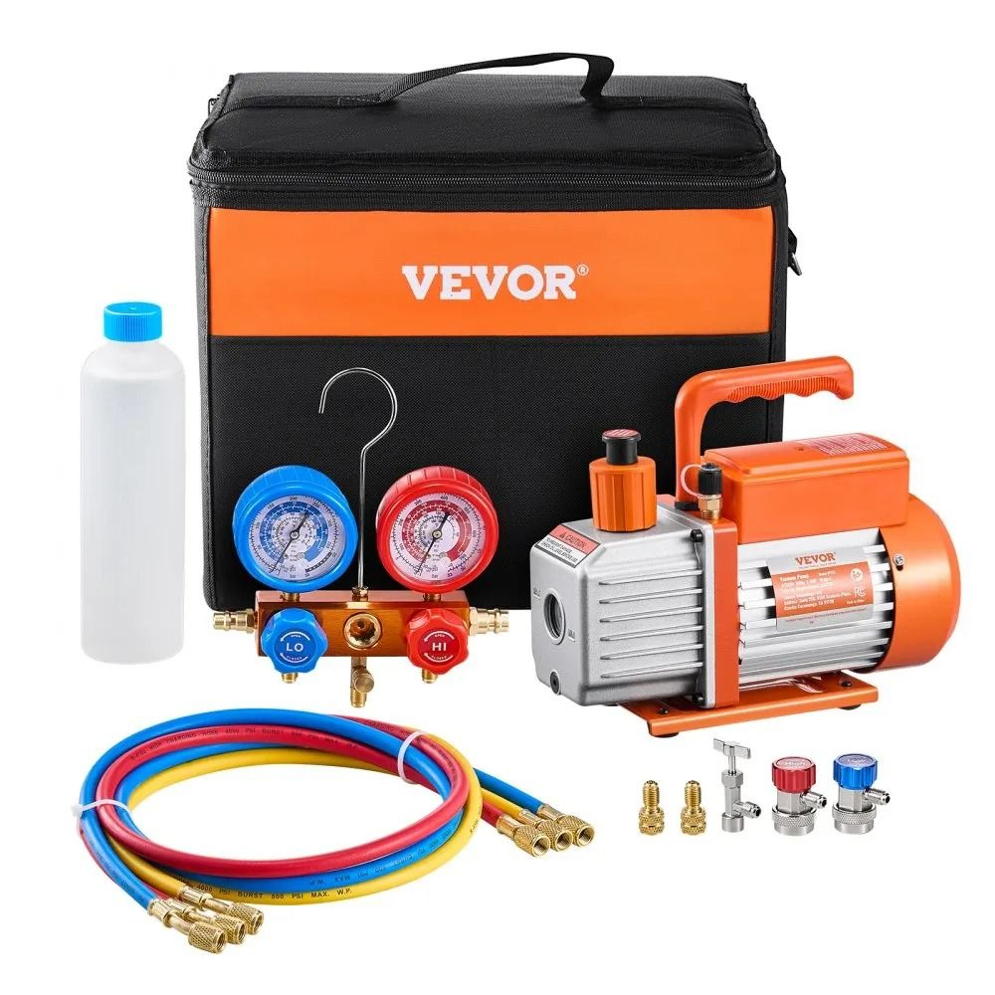 3.5 cfm ac vacuum pump and manifold gauge set with hoses for hvac and refrigeration