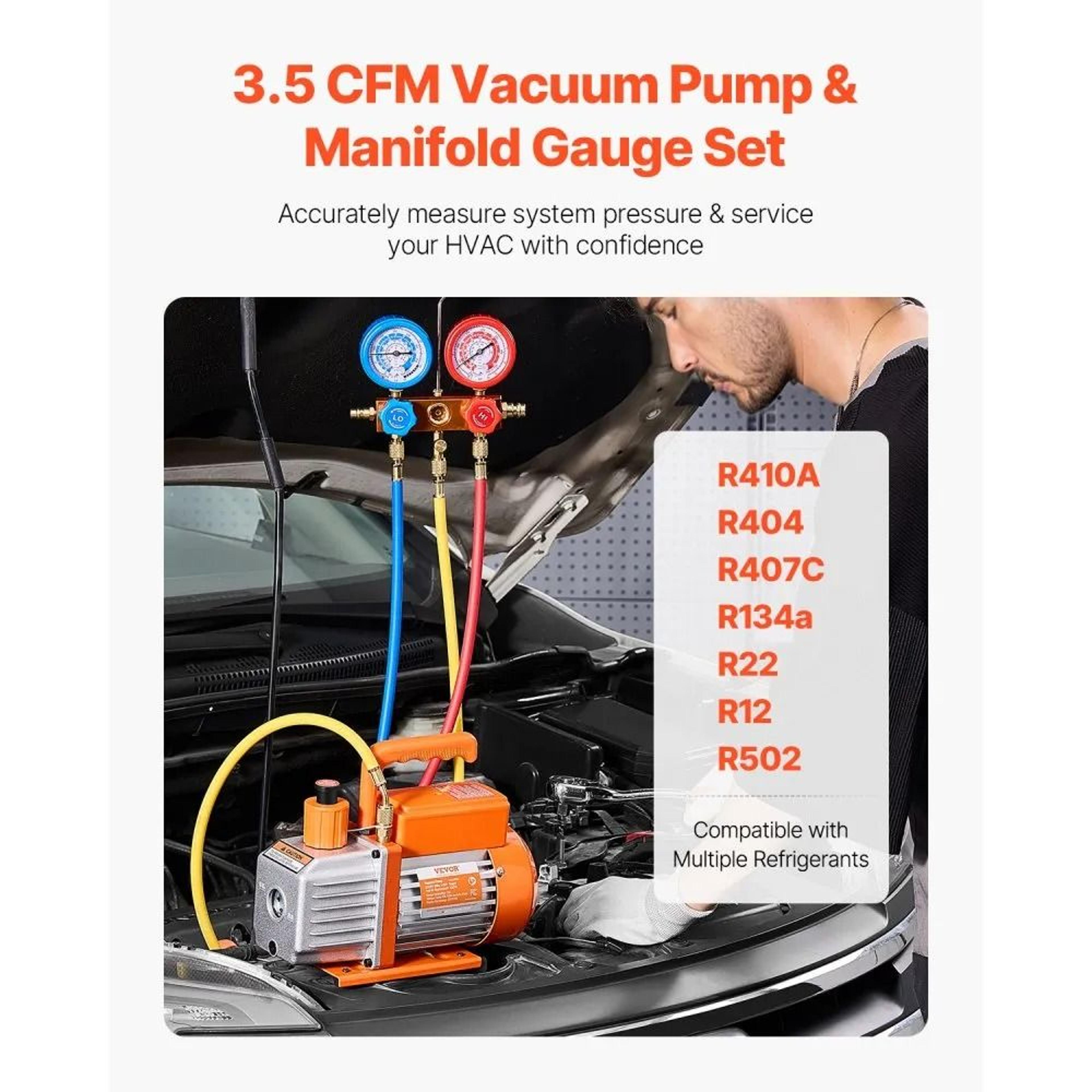 35 CFM AC Vacuum Pump And Manifold Gauge Set With Hoses For HVAC And Refrigeration 4