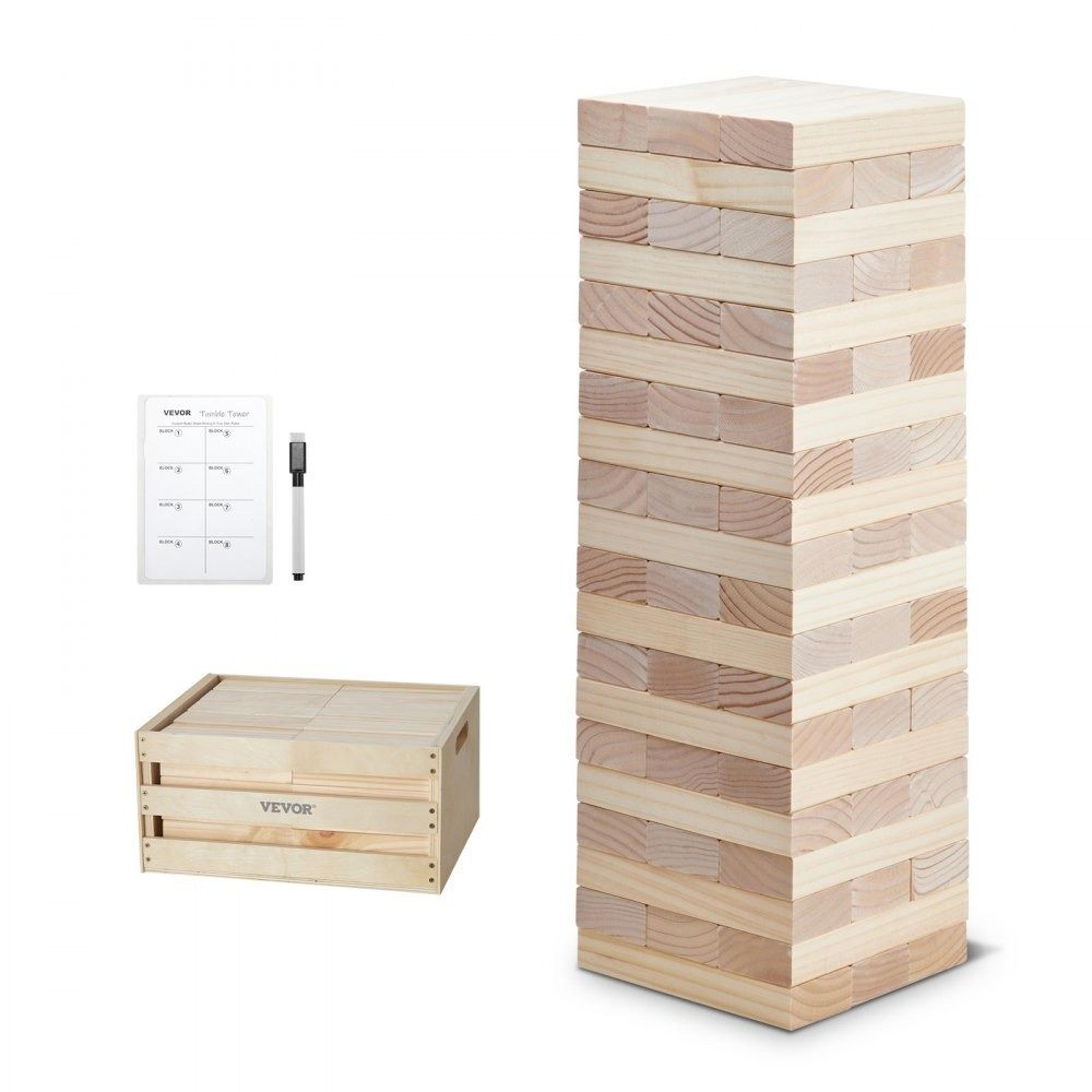 giant wooden tumbling tower game with 60 pine wood blocks storage crate and scoreboard
