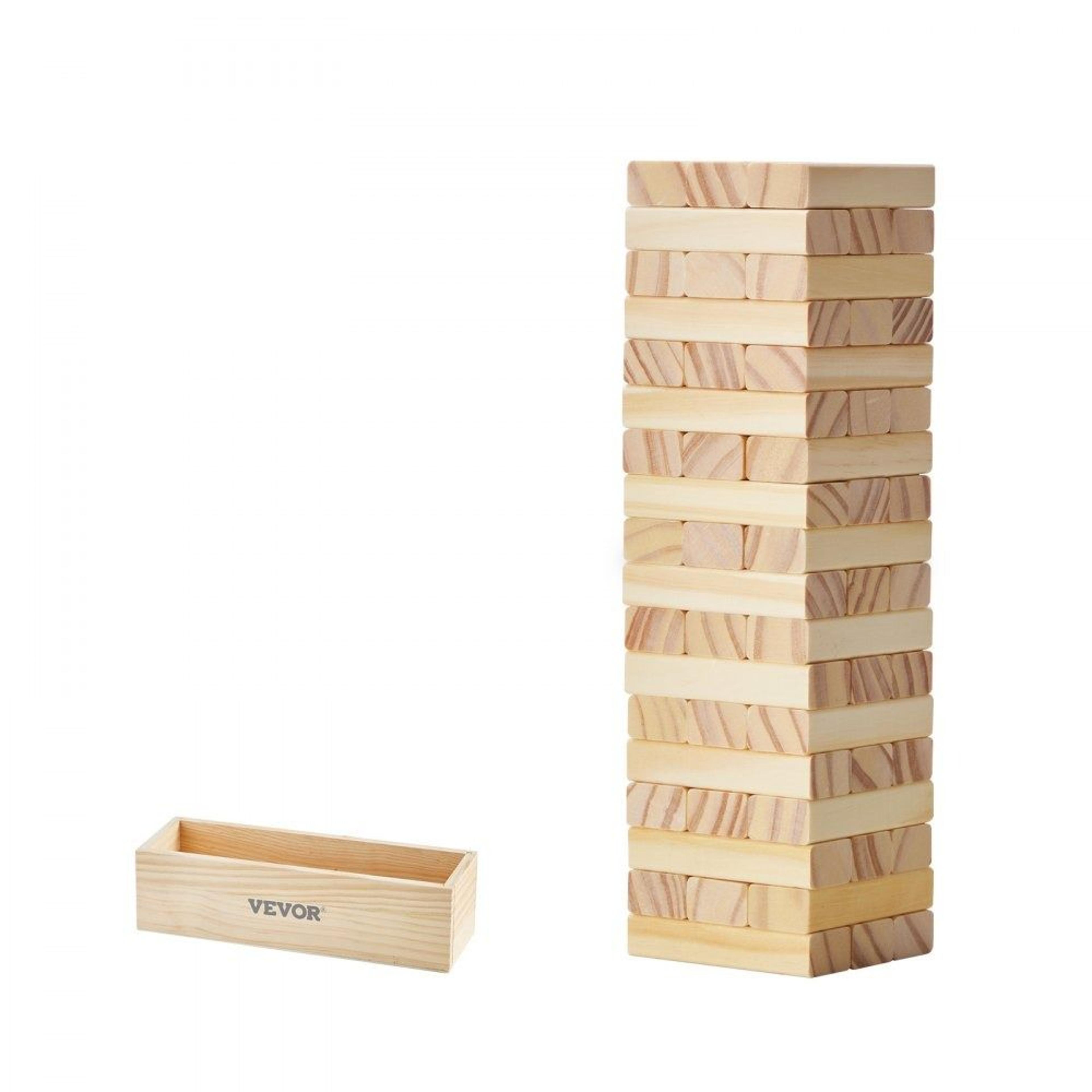 54 piece pine wood tumbling tower game with domino blocks and storage crate