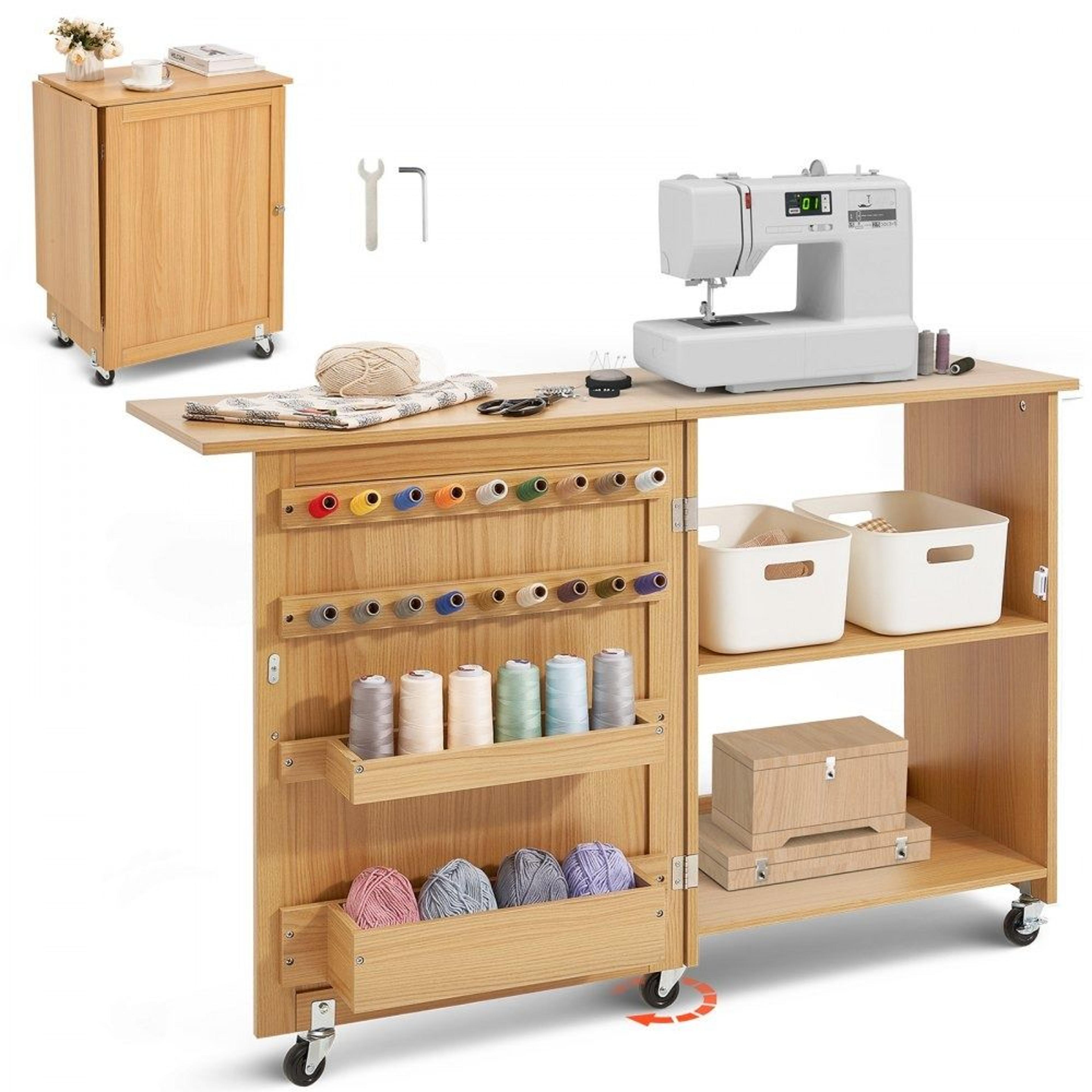 folding sewing table with storage shelves pegs wheels and magnetic doors