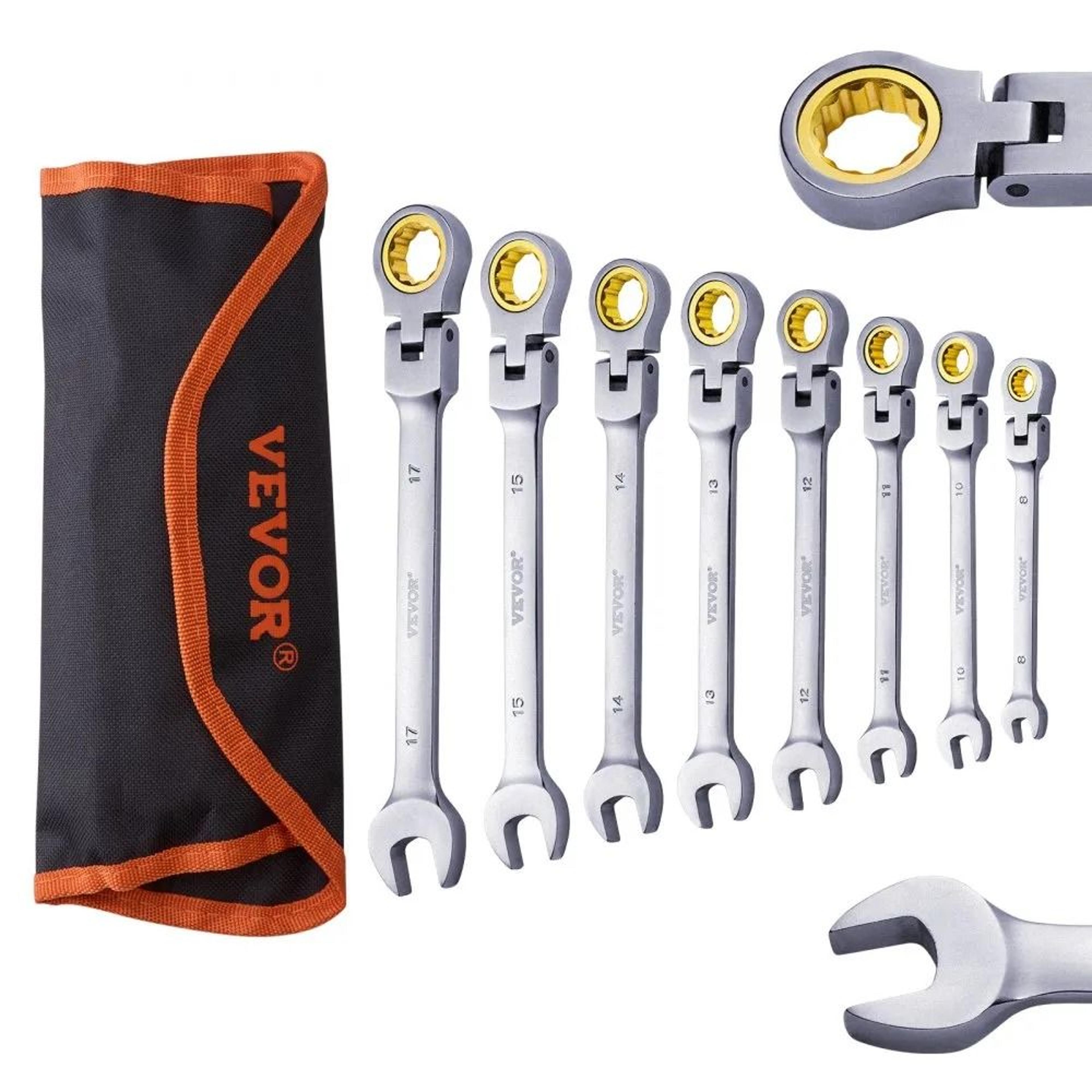 8-piece flex-head ratcheting wrench set with 72-tooth metric wrenches and roll-up pouch