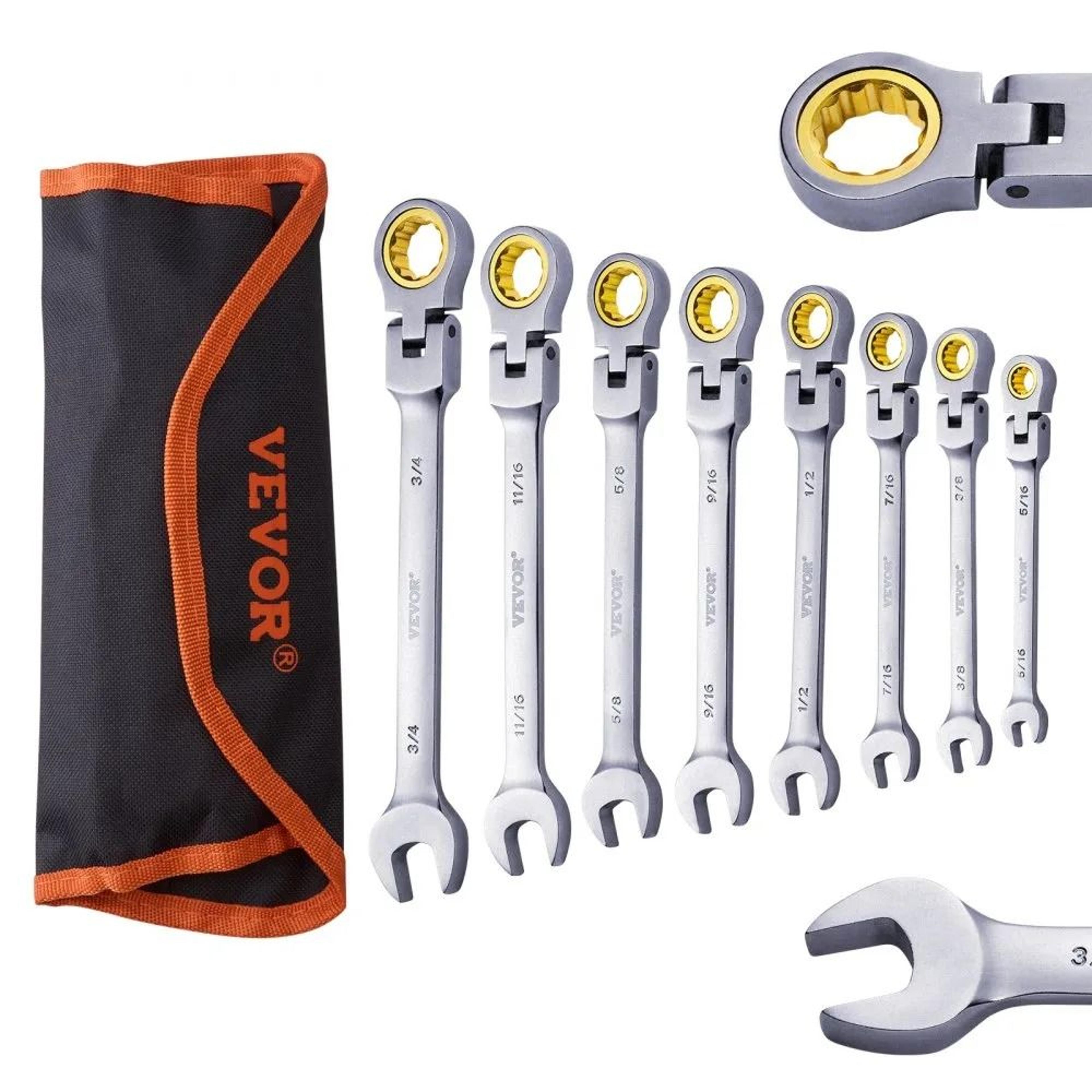 8 piece flex head ratcheting wrench set sae with 72 tooth ratchet and storage pouch