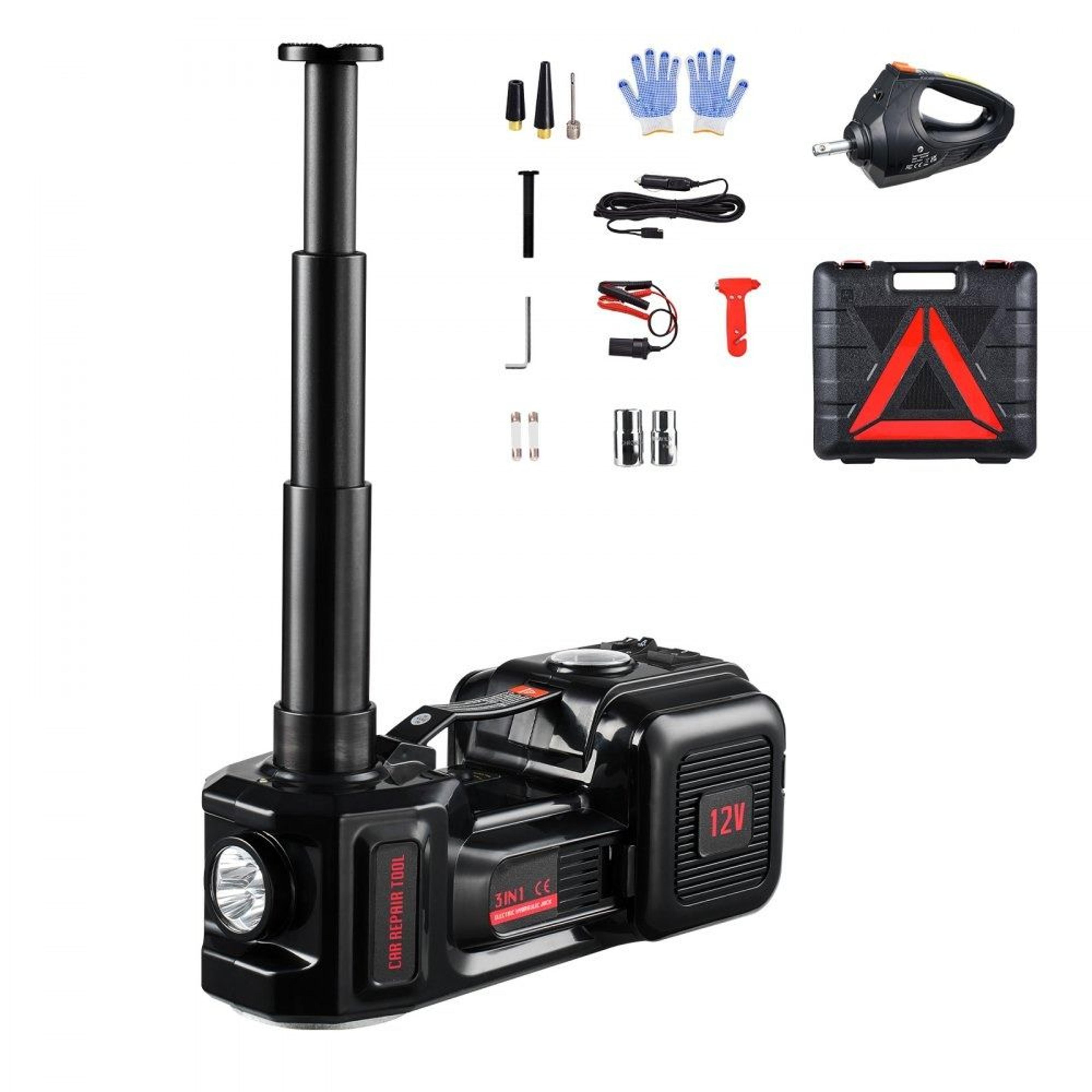 electric car jack kit 5 ton 12v with tire inflator impact wrench and led light