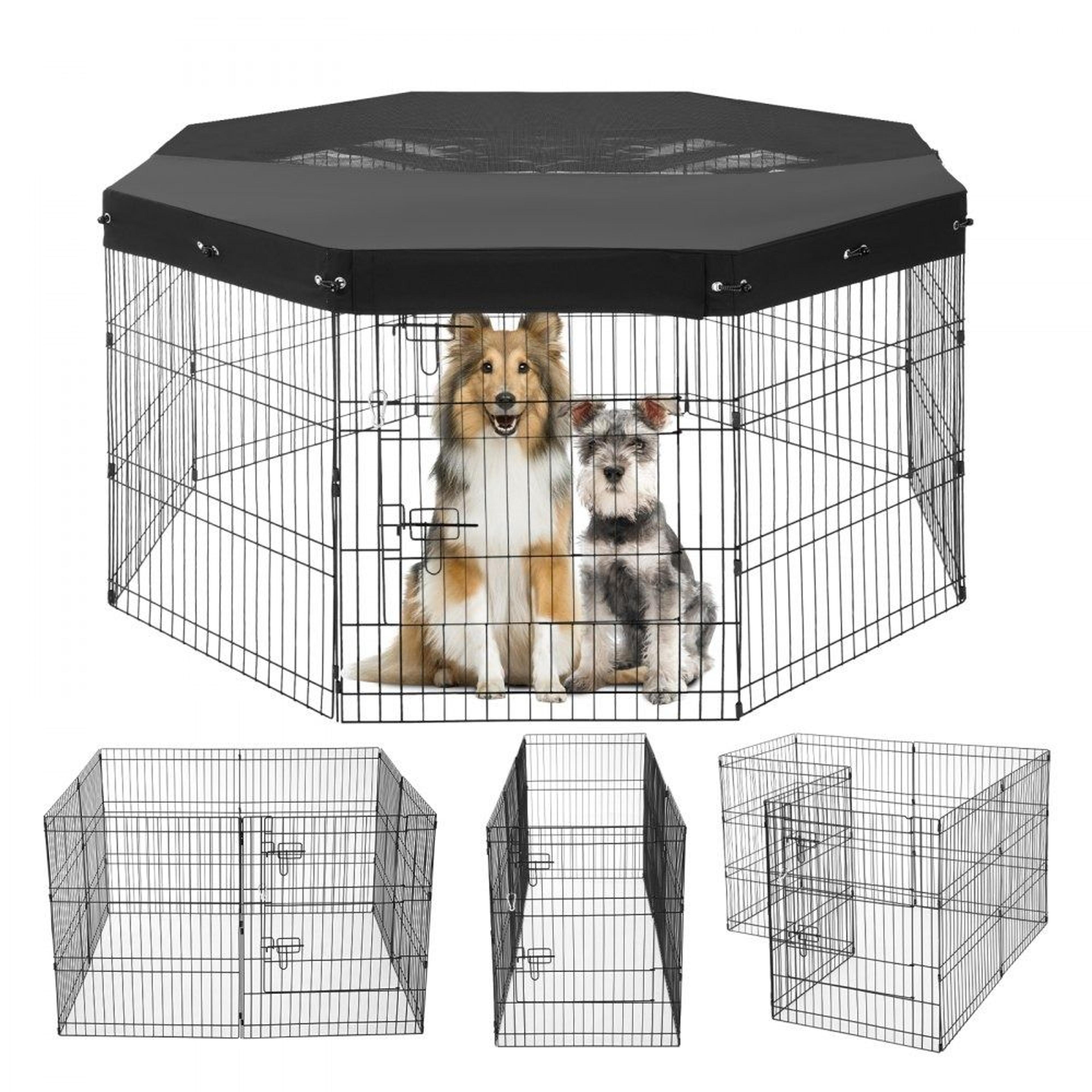 30 inch foldable dog playpen with 8 metal panels door and oxford fabric mesh top cover