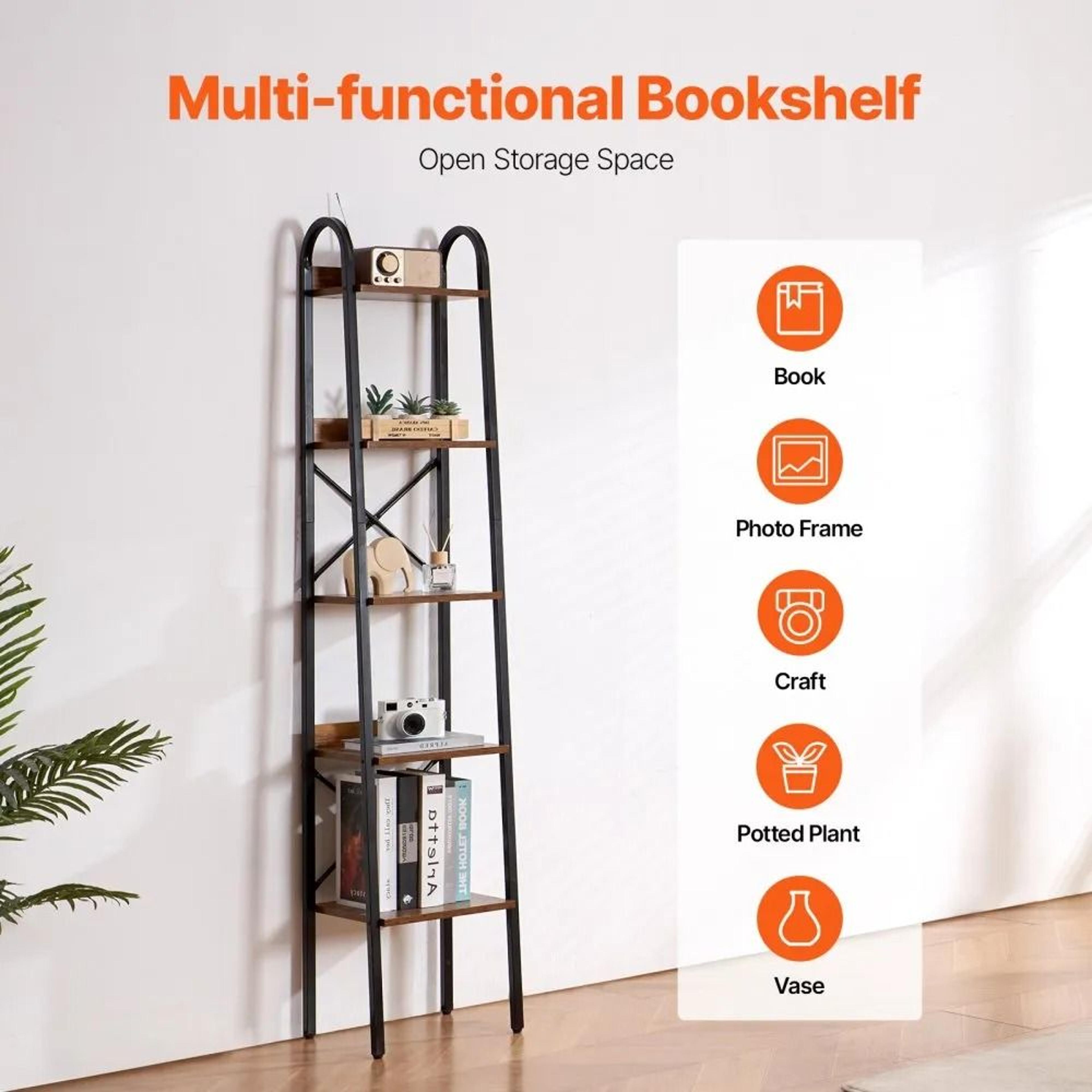 5Tier Metal Bookshelf Tall Narrow Industrial Storage Bookcase With Open Shelves 4