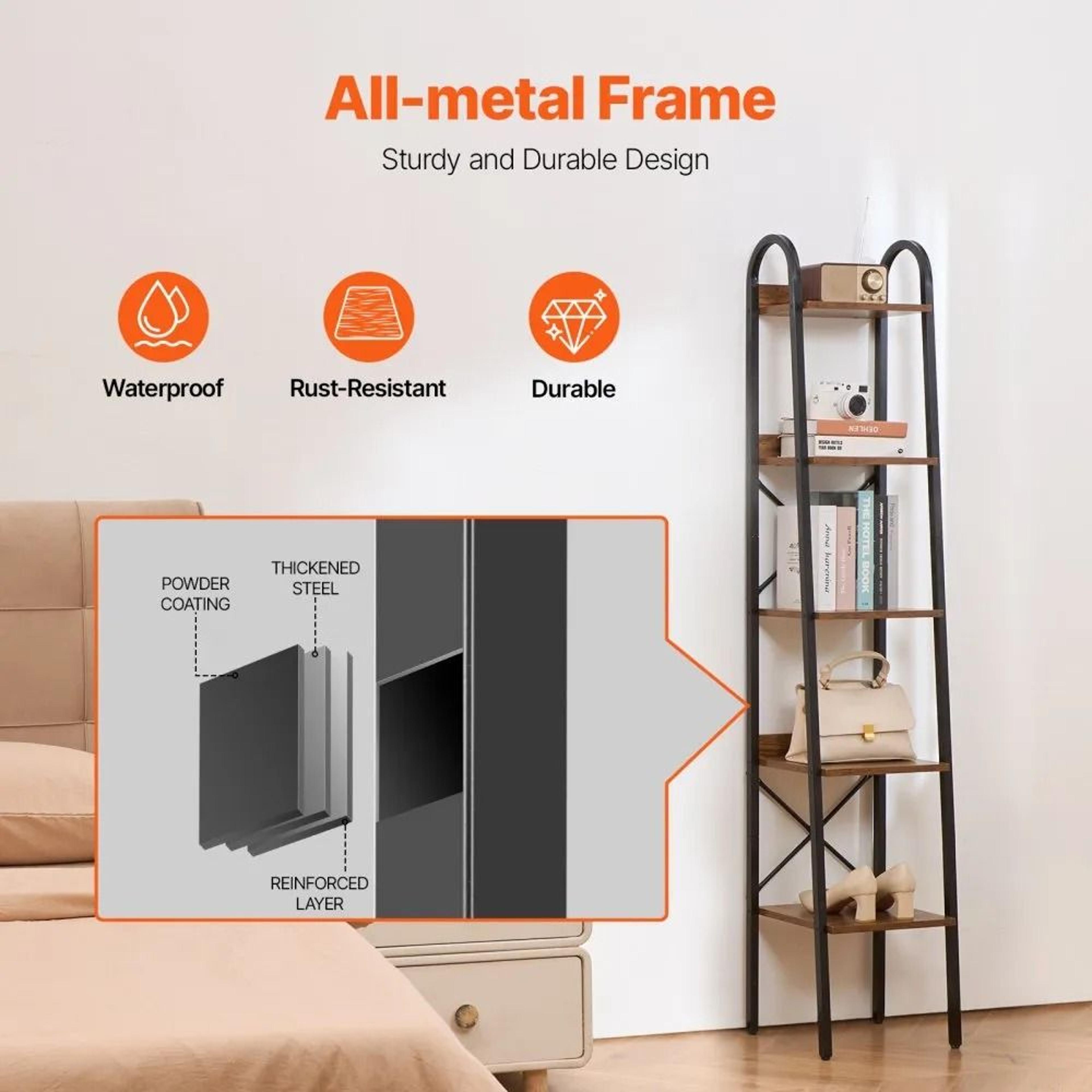 5Tier Metal Bookshelf Tall Narrow Industrial Storage Bookcase With Open Shelves 3