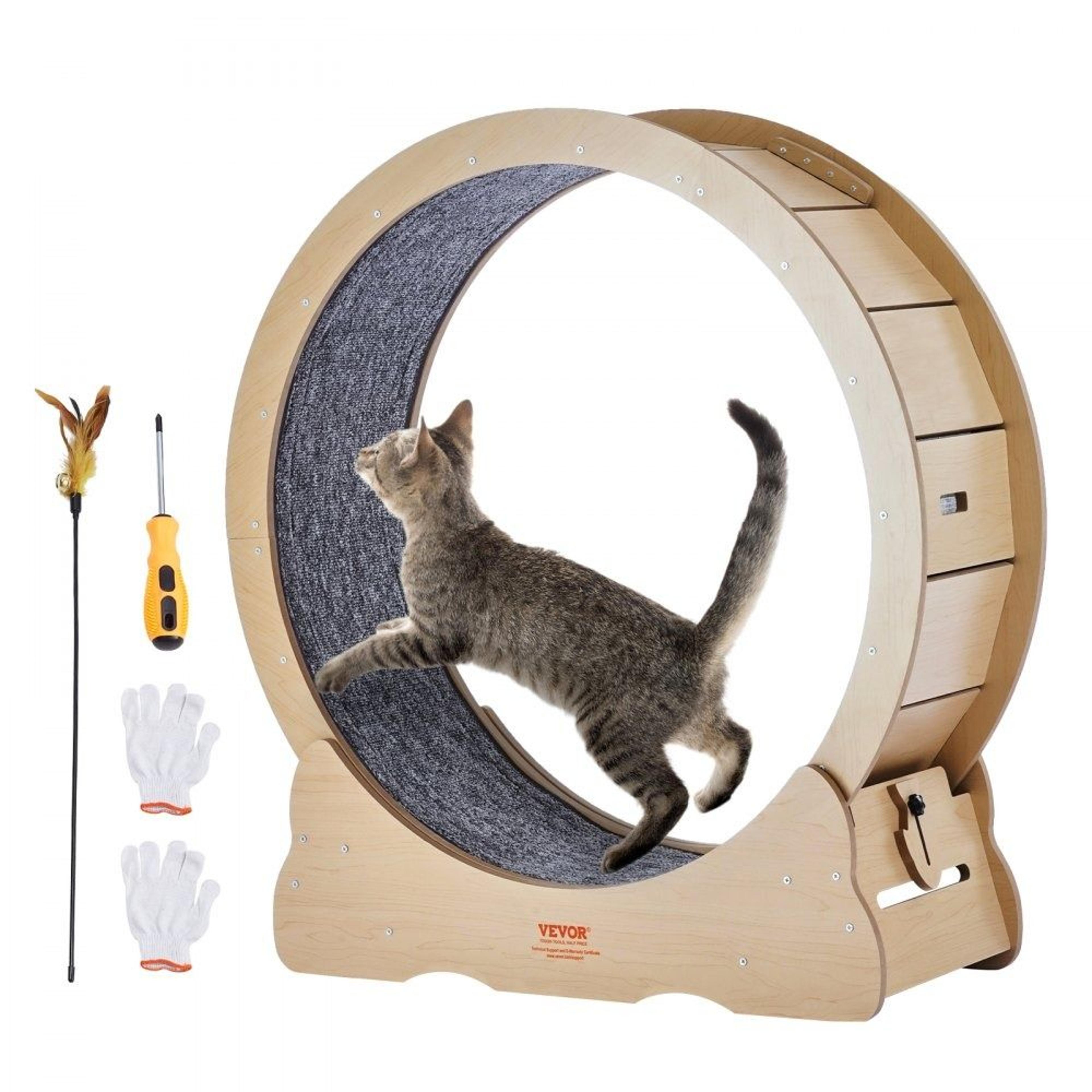 35.8 inch wooden cat exercise wheel with detachable carpet and locking mechanism