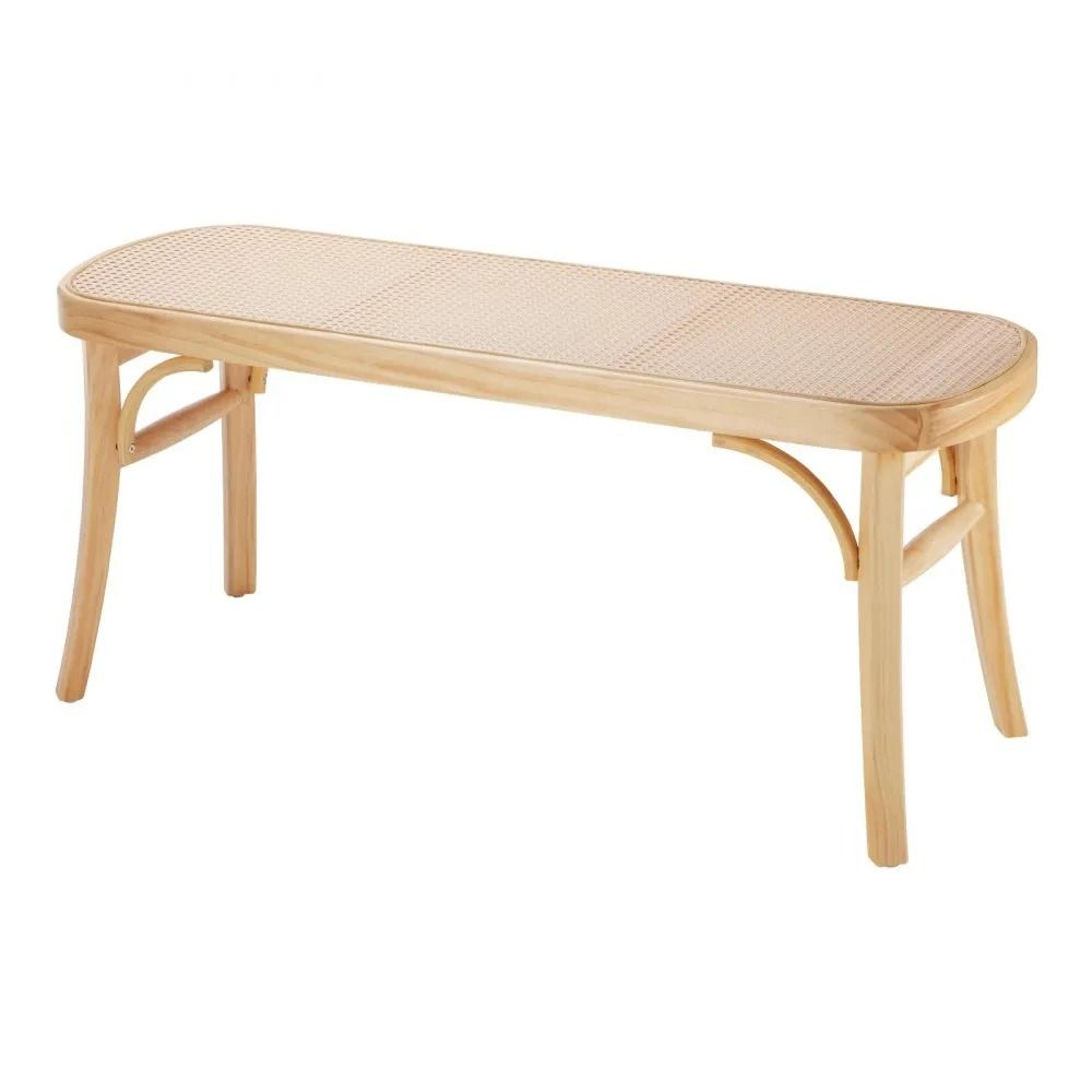 natural wood woven entryway bench with oak wood legs