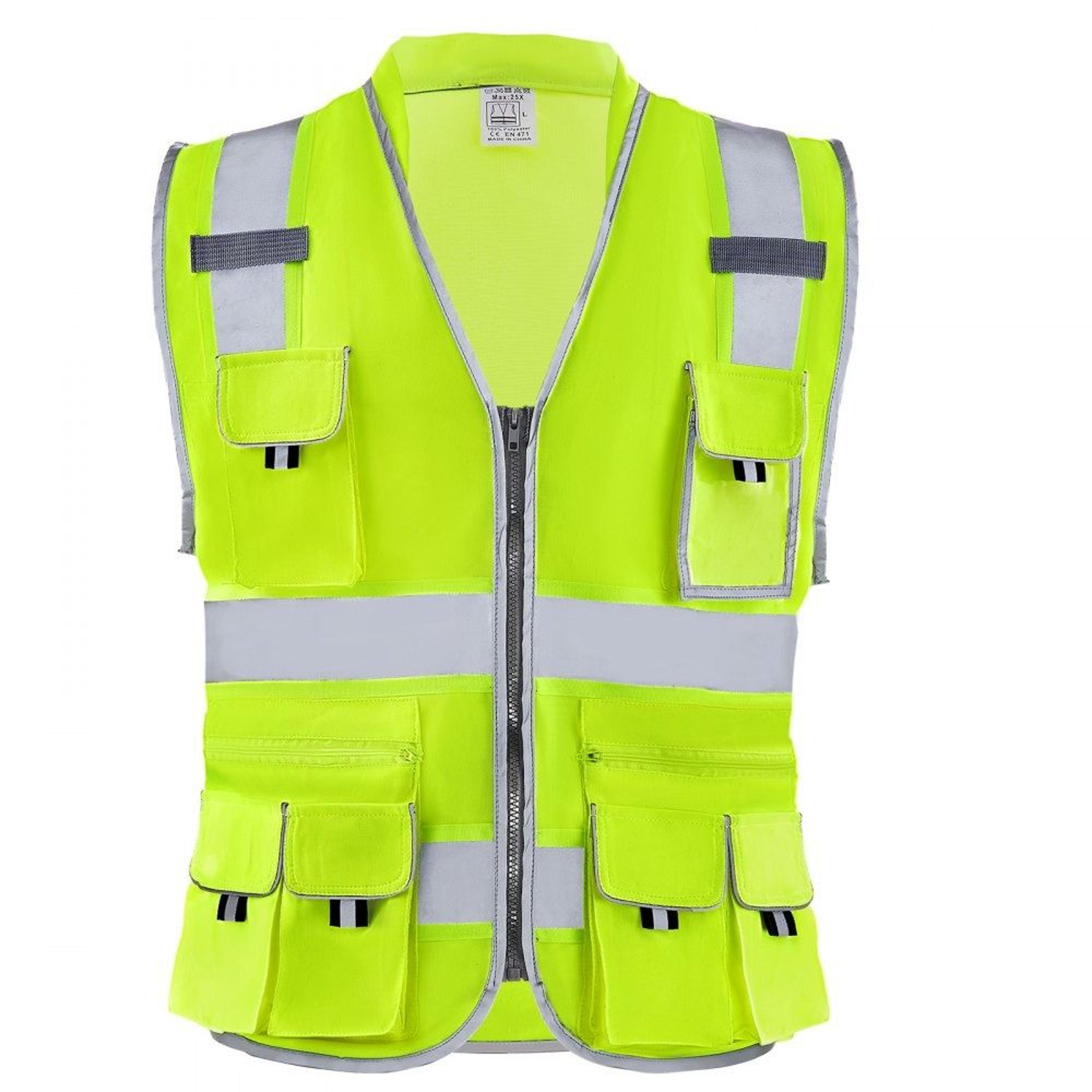 high visibility safety vest with 10 pockets reflective strips and zipper front