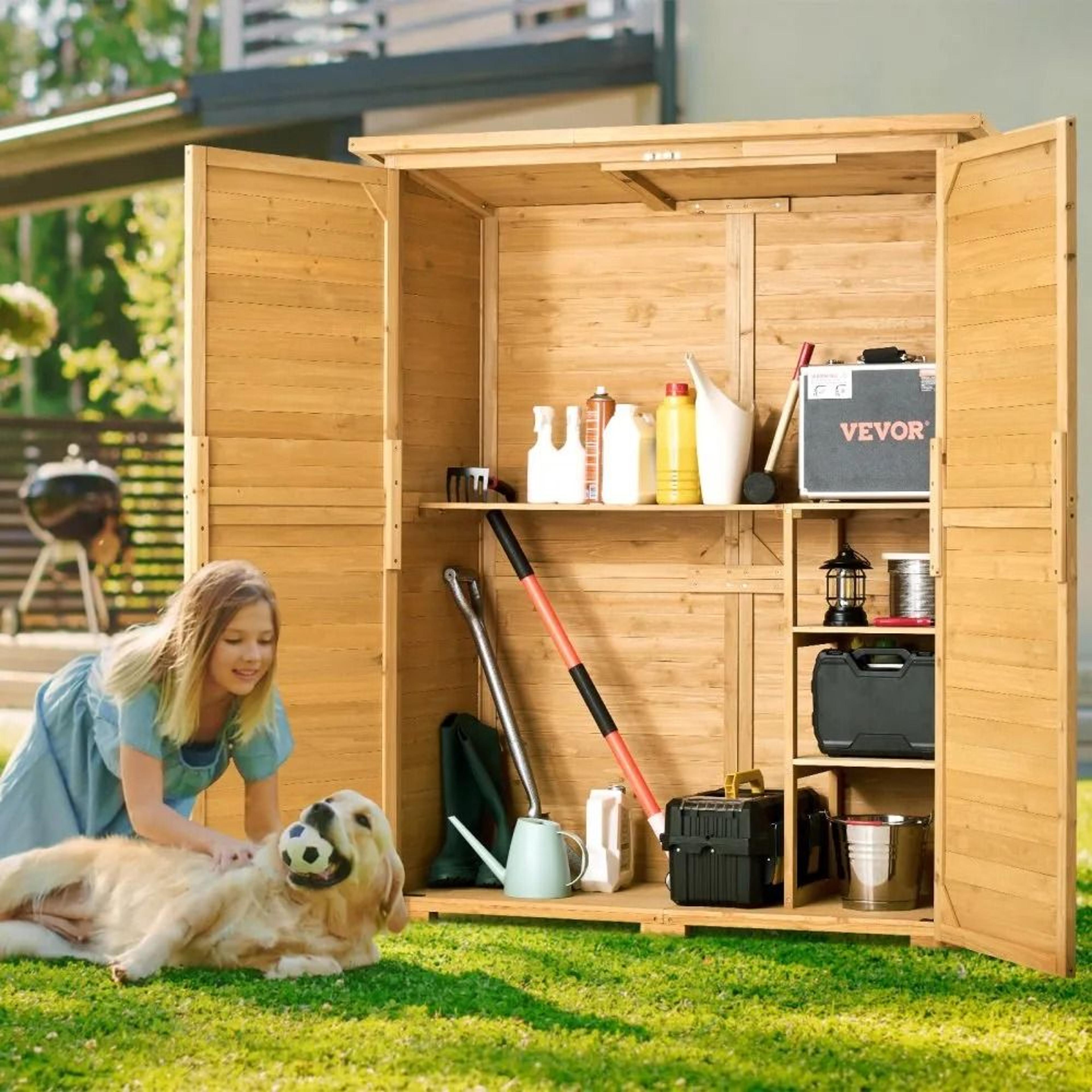 Outdoor Cedar Wood Storage Shed With 4 Shelves And Waterproof Sloped Roof 6