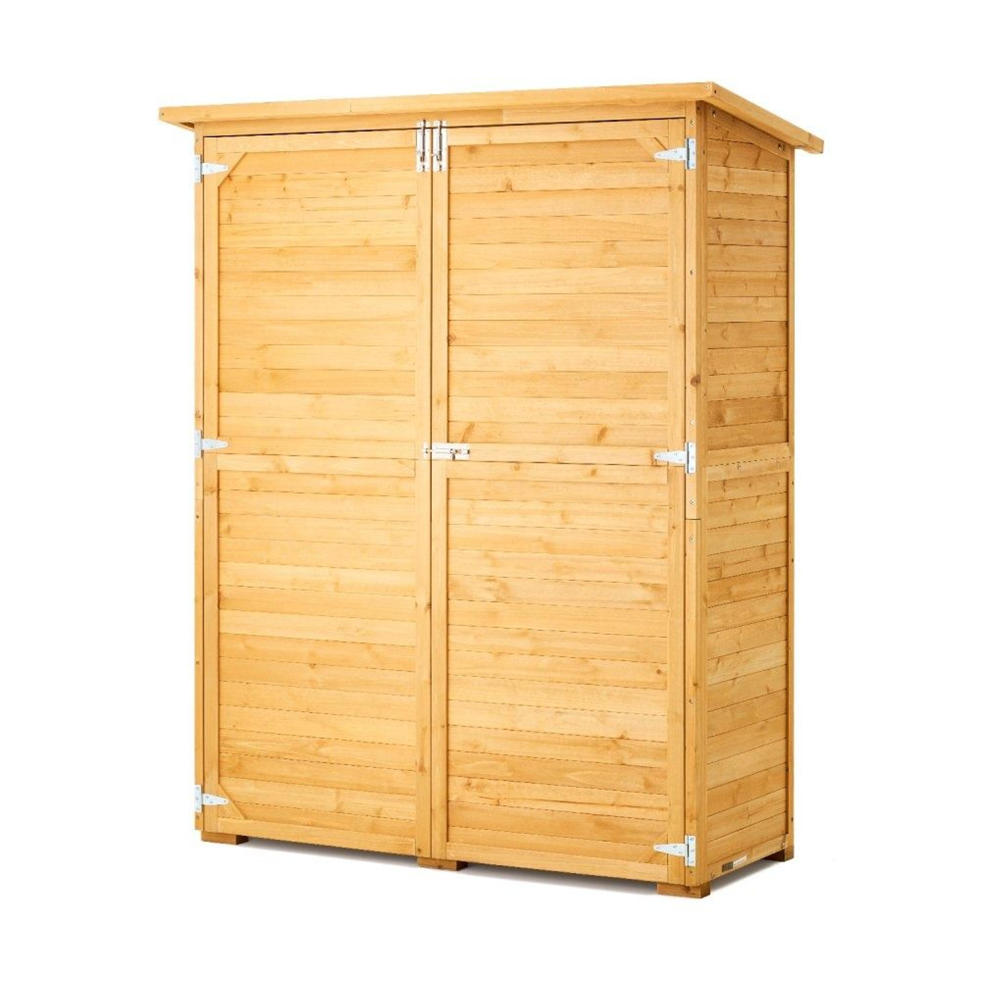 outdoor cedar wood storage shed with 4 shelves and waterproof sloped roof