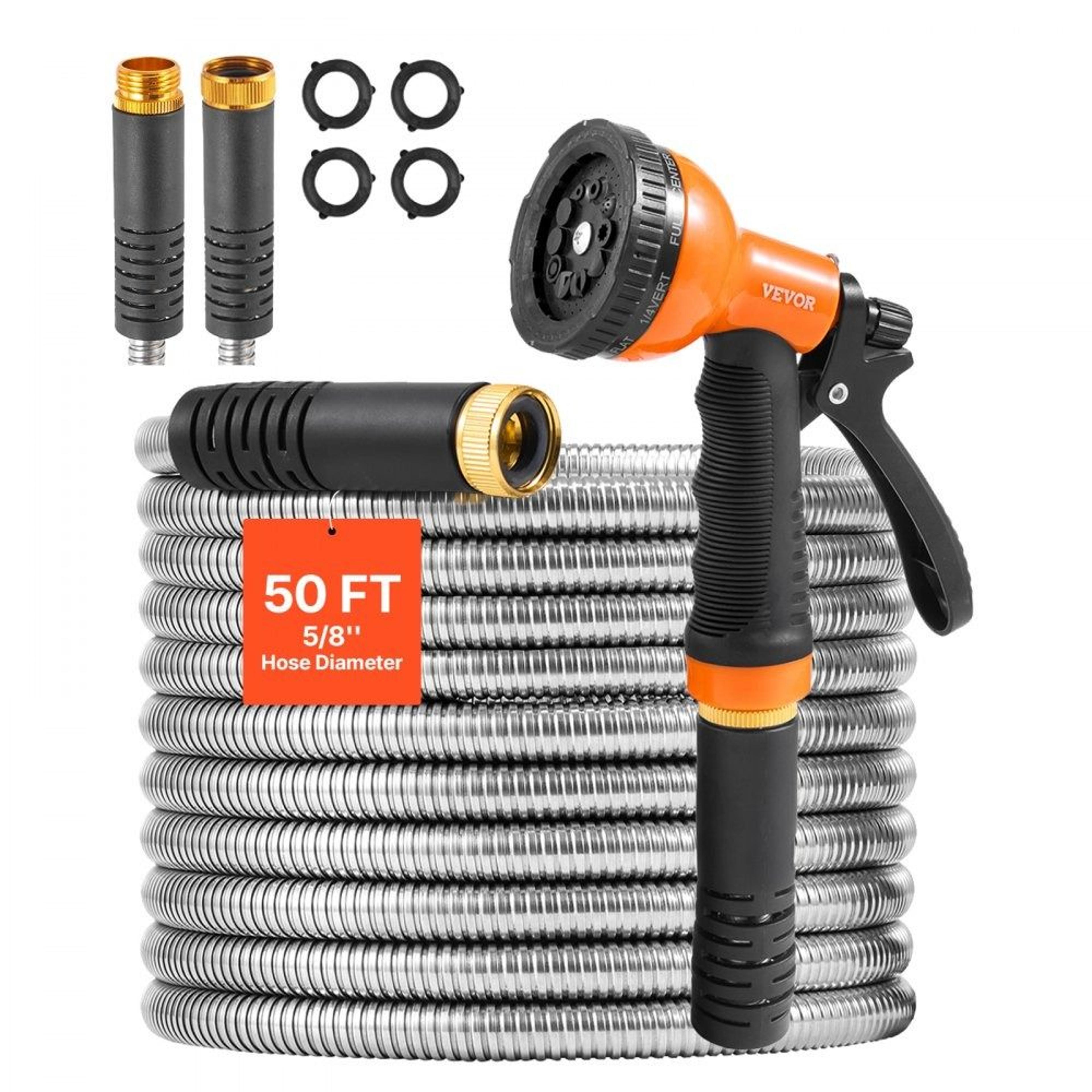 50 ft stainless steel garden hose with 10 pattern spray nozzle and kink resistant design