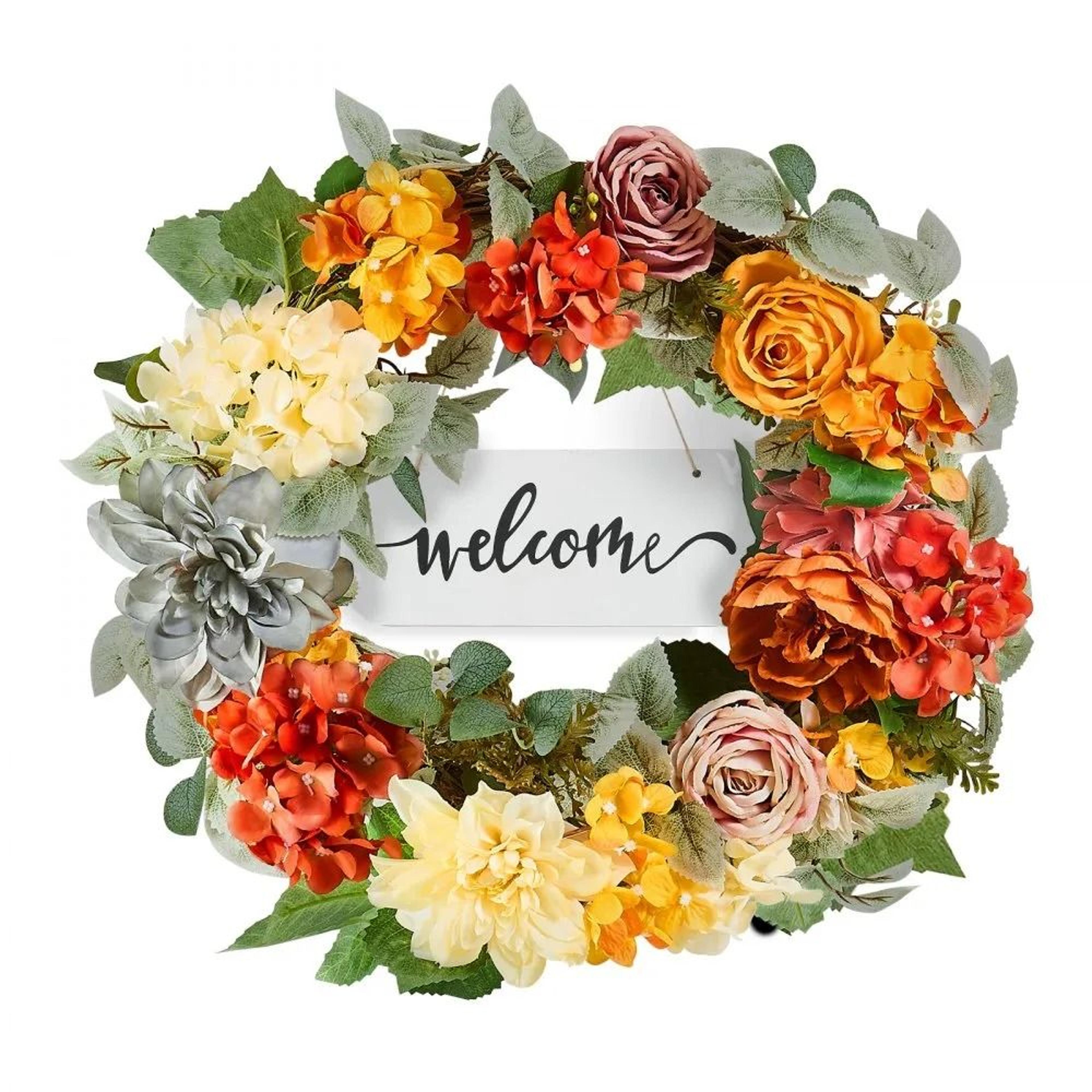 24 inch artificial floral wreath with hydrangeas roses and wooden sign for all season decor