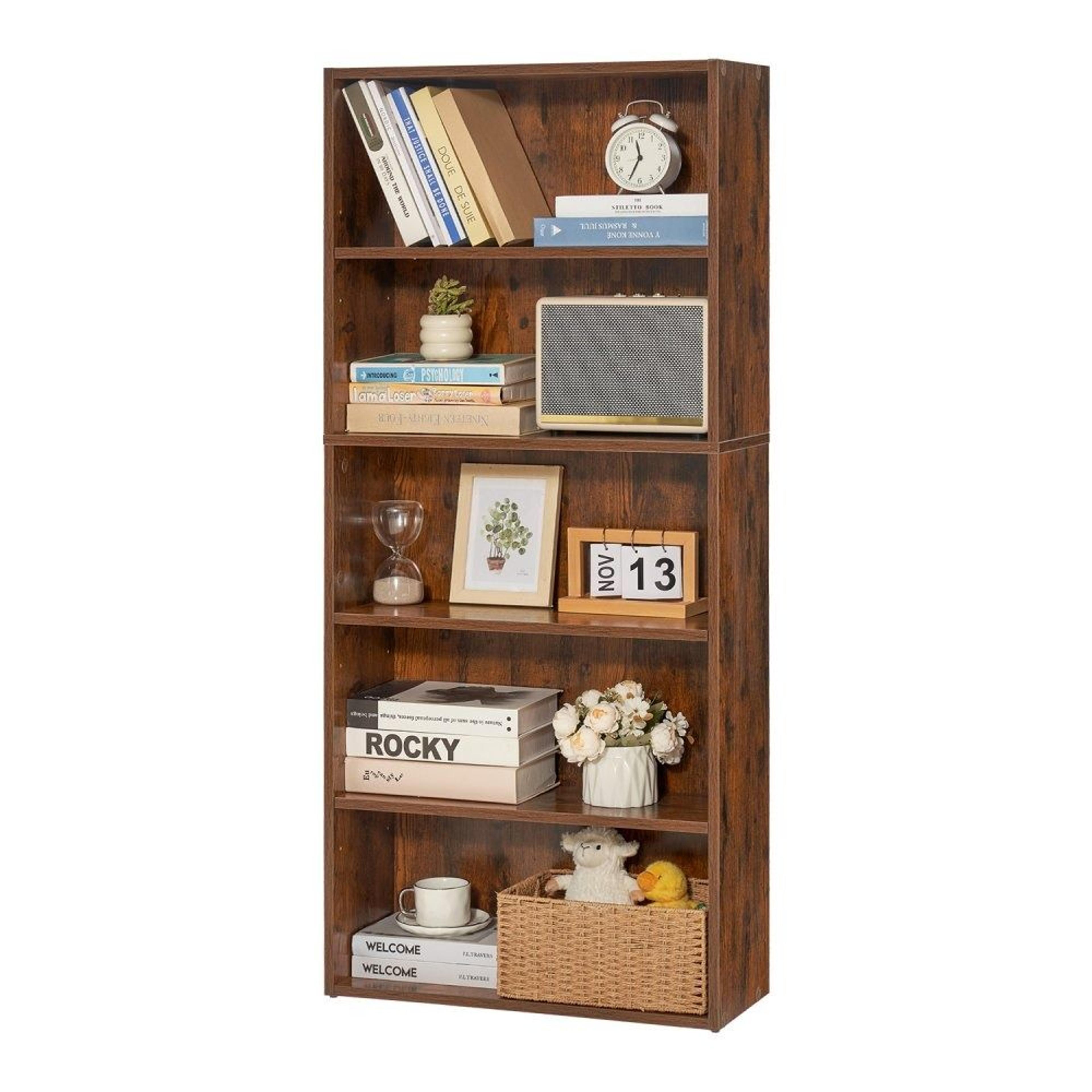 5-tier narrow bookshelf with adjustable shelves 53-inch tall wooden bookcase brown