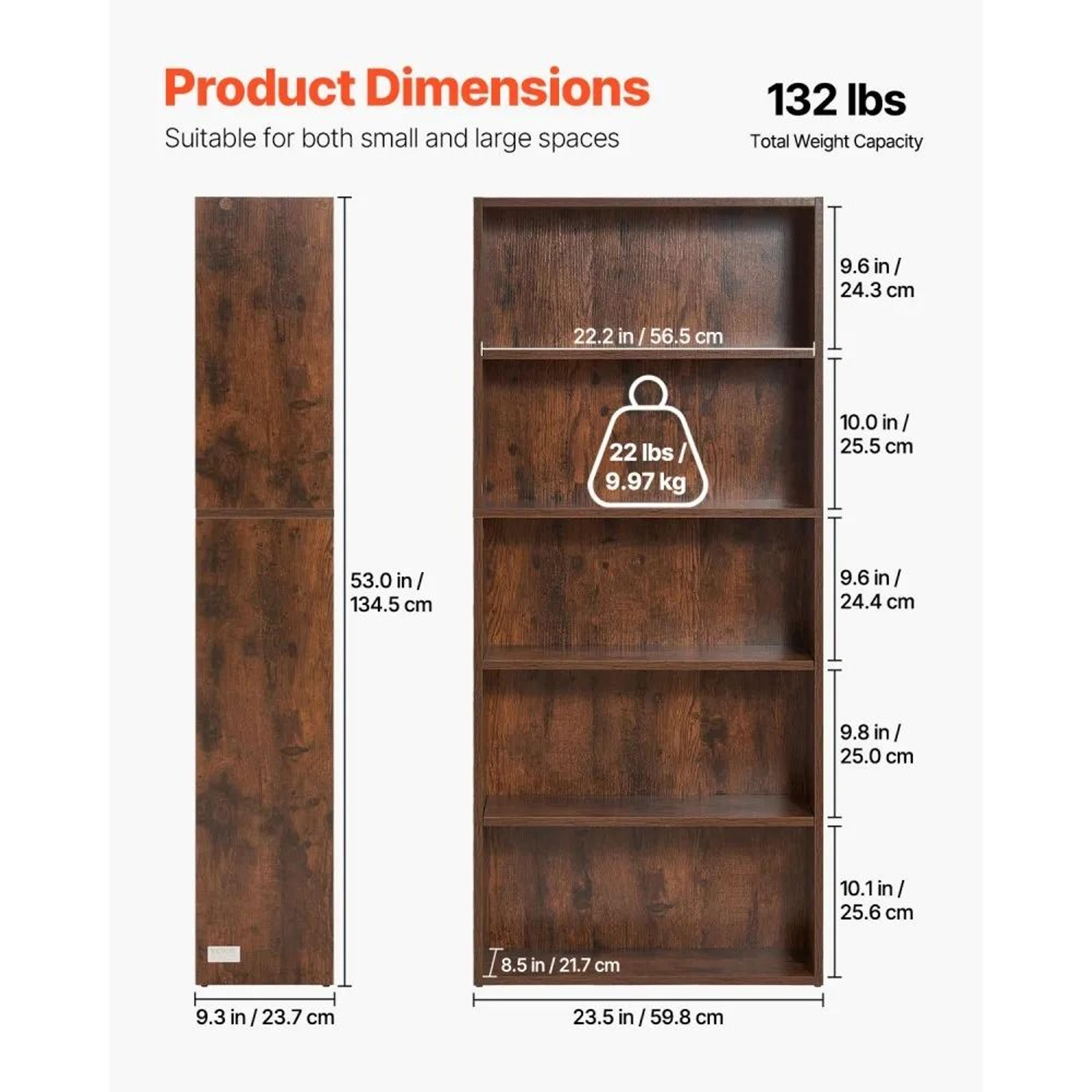 5Tier Narrow Bookshelf With Adjustable Shelves 53Inch Tall Wooden Bookcase Brown 6