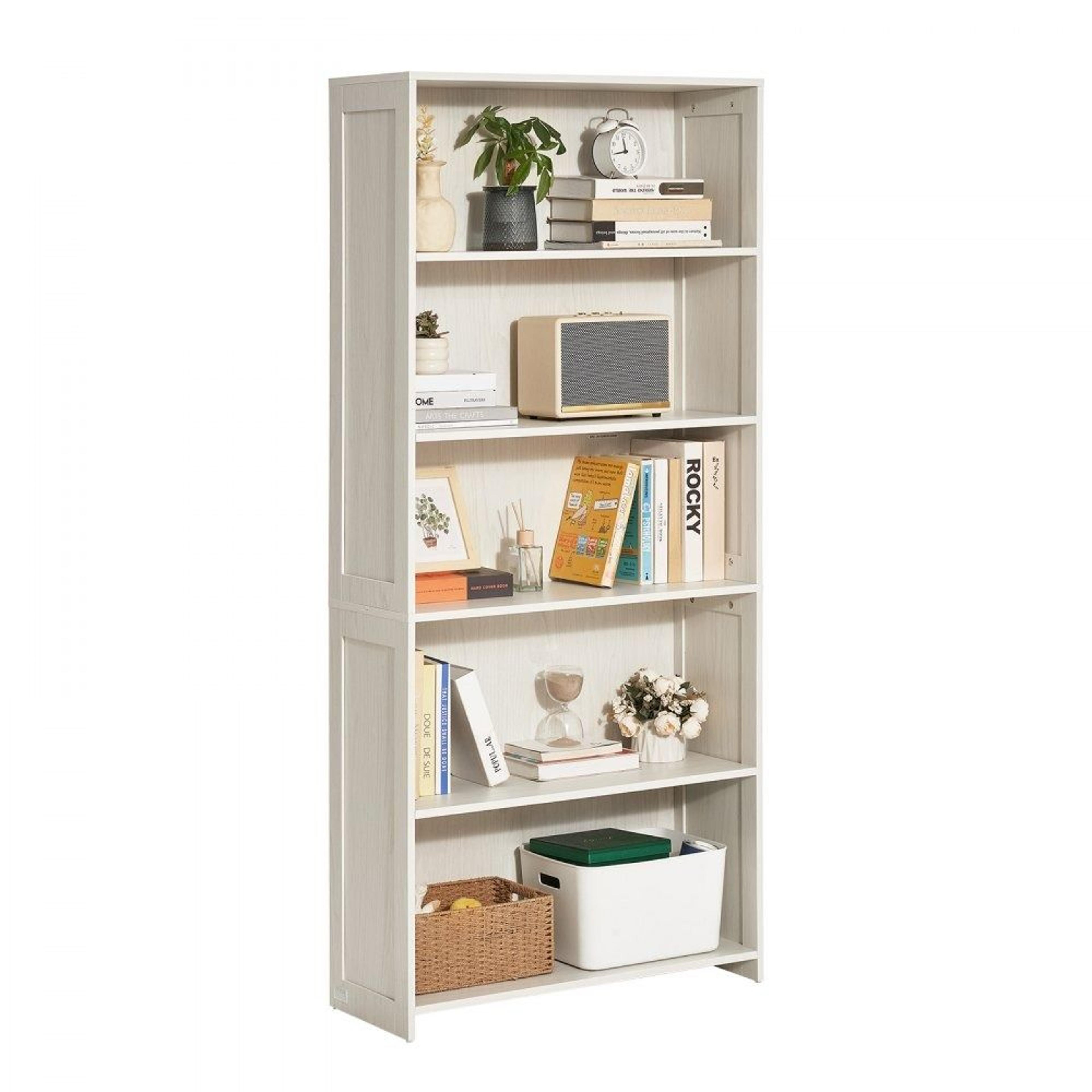 5 tier wide wooden open bookshelf freestanding tall display organizer white